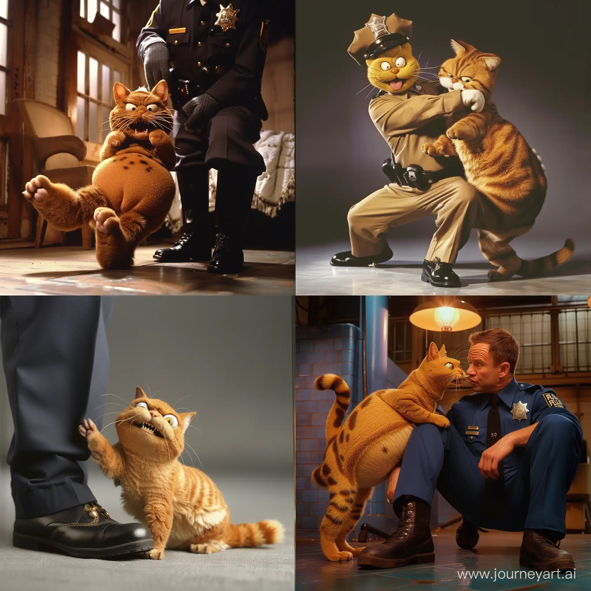 Жирный кот Гарфилд кусает полицейского за ногу