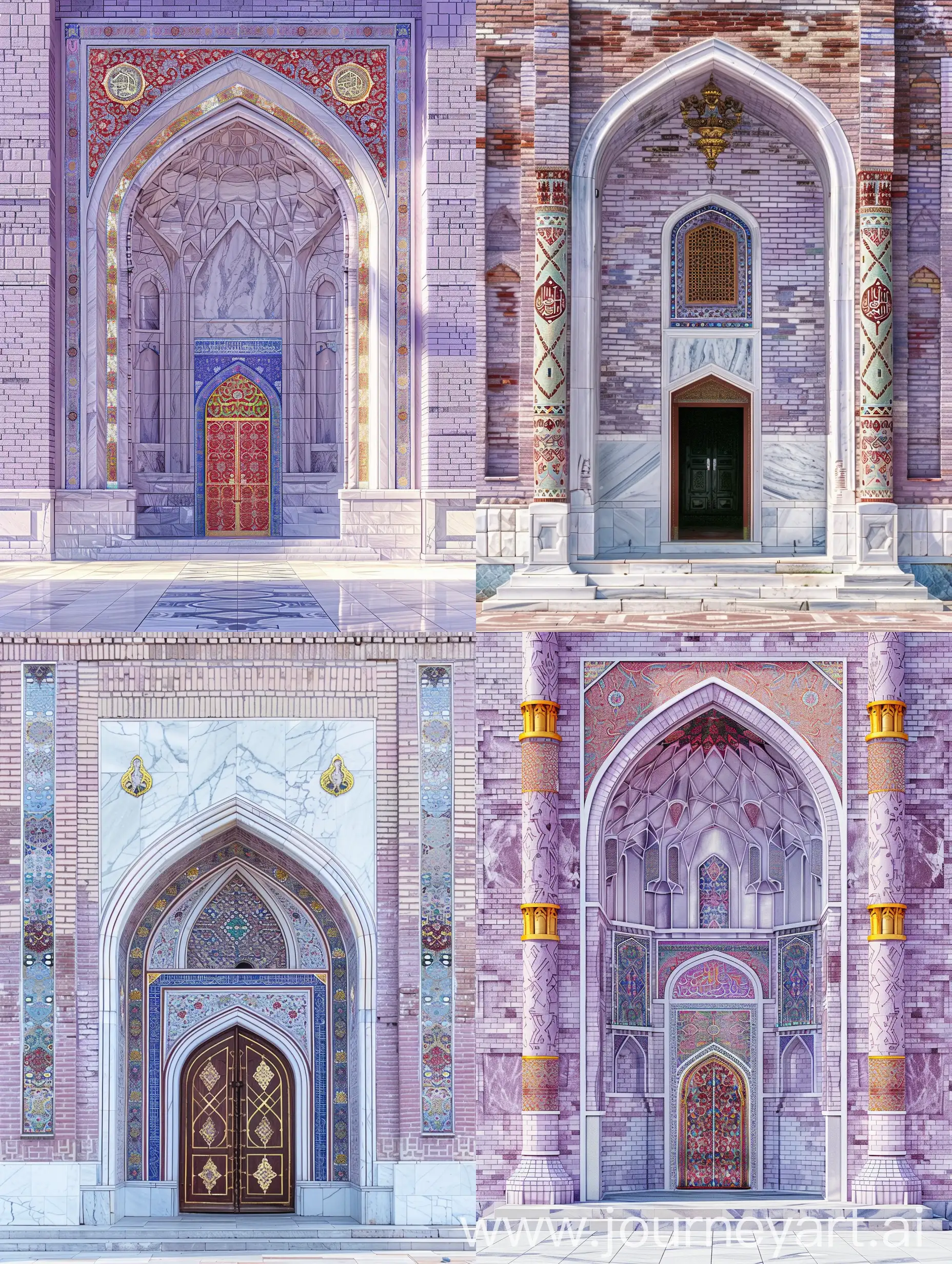 Lavender color brick marbled mosque, Uzbekistan Timurid influences, Tall iwan, red blue persian design on white spandrels, shiny golden ornaments 