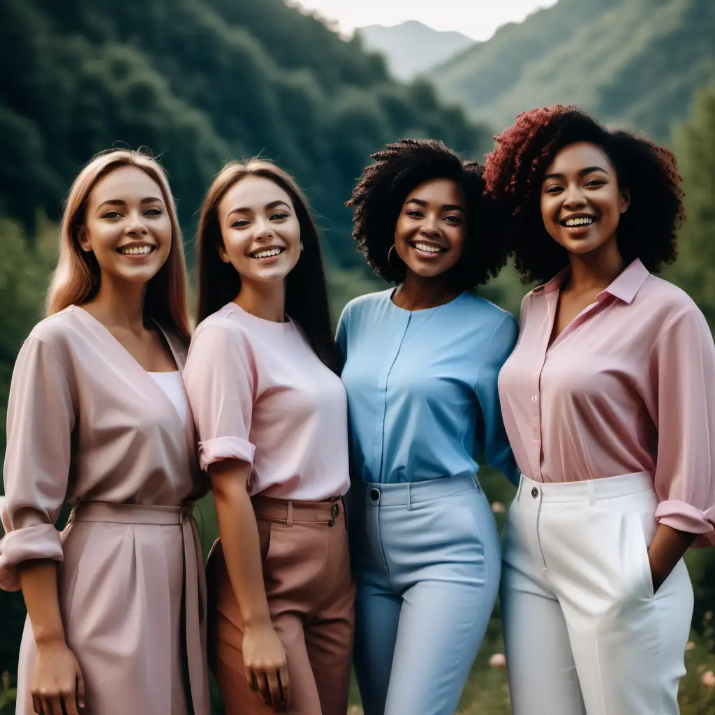 create me a picture of 3 women from different ethnicities that are standing in nature and they smile and they represent women in leadership use colors light rose and white and blue
