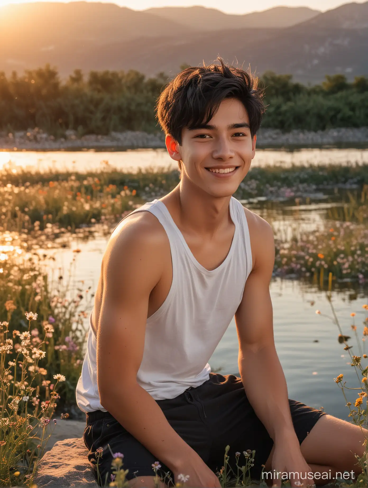 Smiling Teenager Sitting by a Lake at Sunset Surrounded by Wildflowers