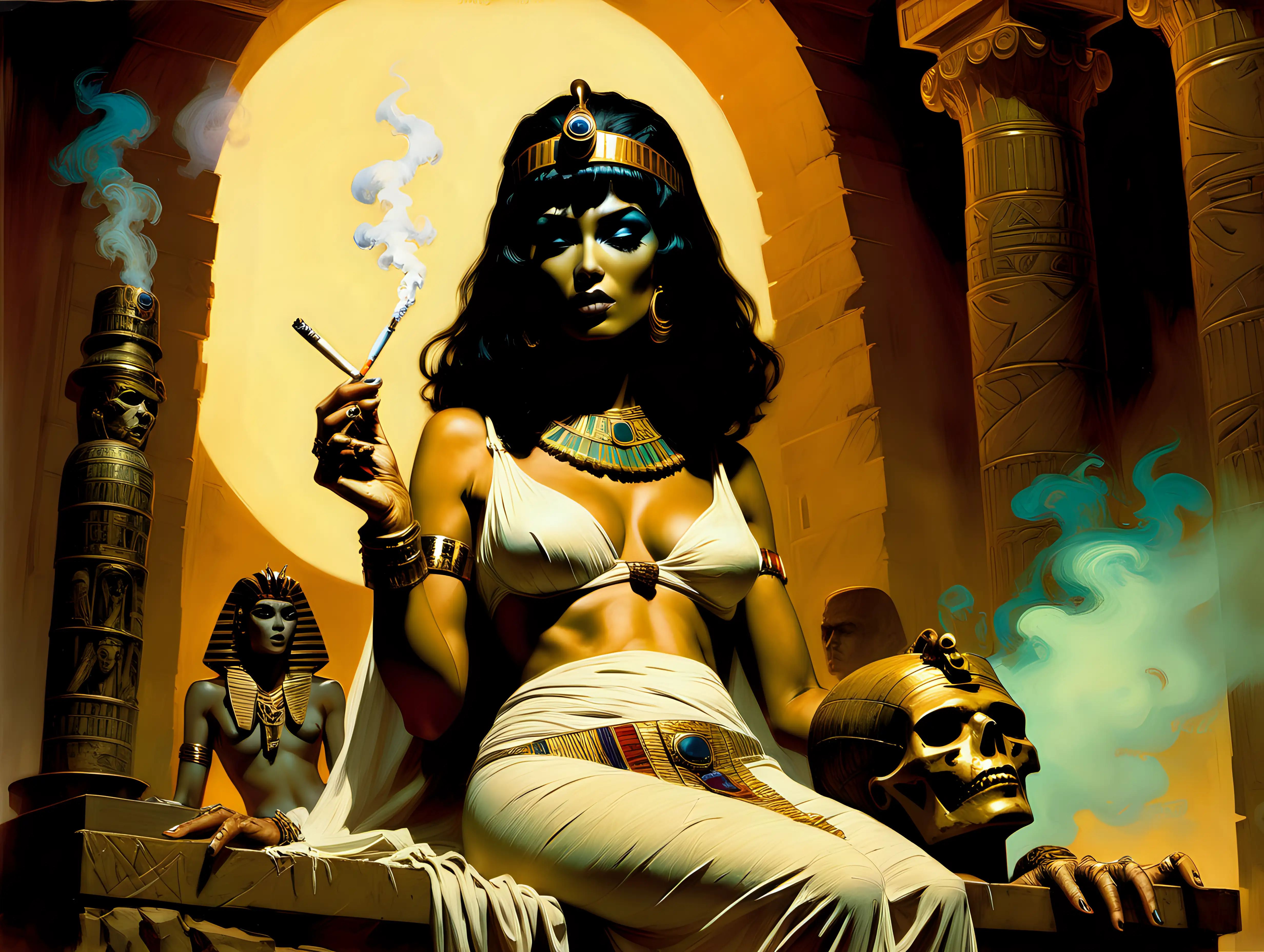 The Mummy smoking a joint with Cleopatra Frank Frazetta style