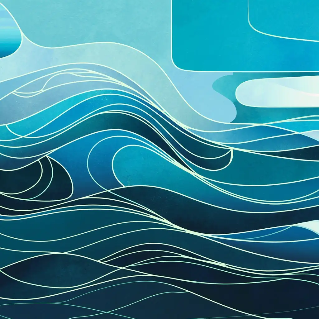 An abstract, minimalist art piece featuring waves in a calming blue palette.