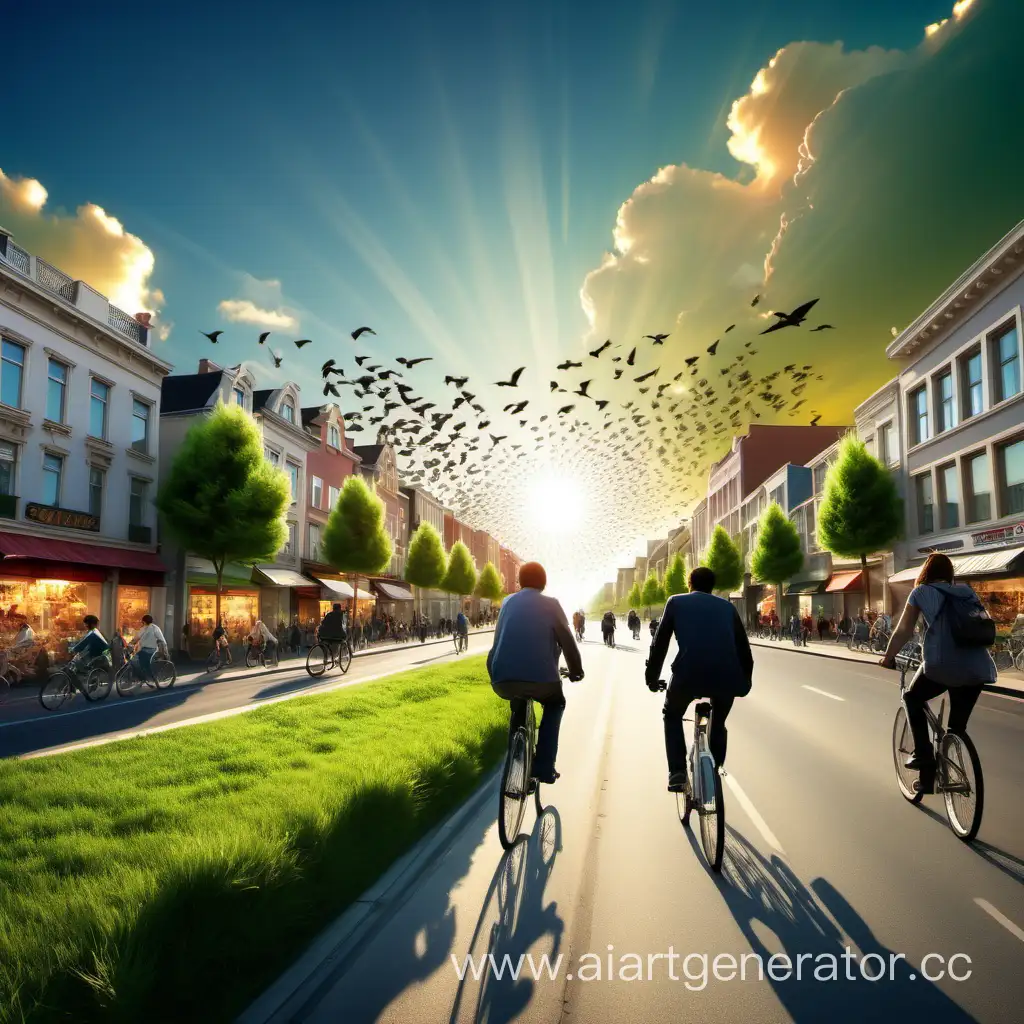 города,люди,трава,небеса, дорога,кусты,солнце,люди на велосипедах, облака,магазины,птицы,ветер
