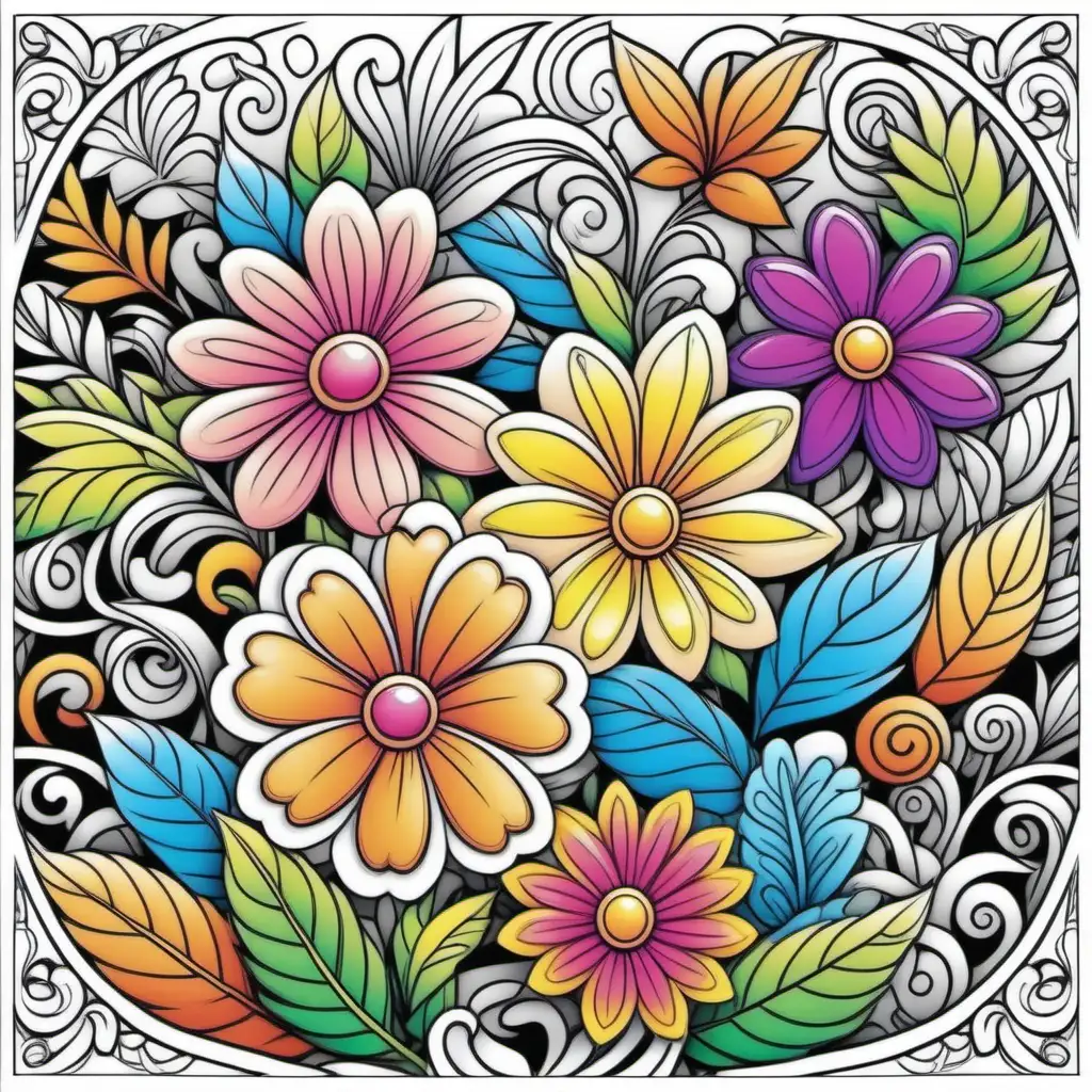 photo album, coloring book page, cartoon style floral background, in full color, no shading, bold black lines, crisp edges, full page, color by number