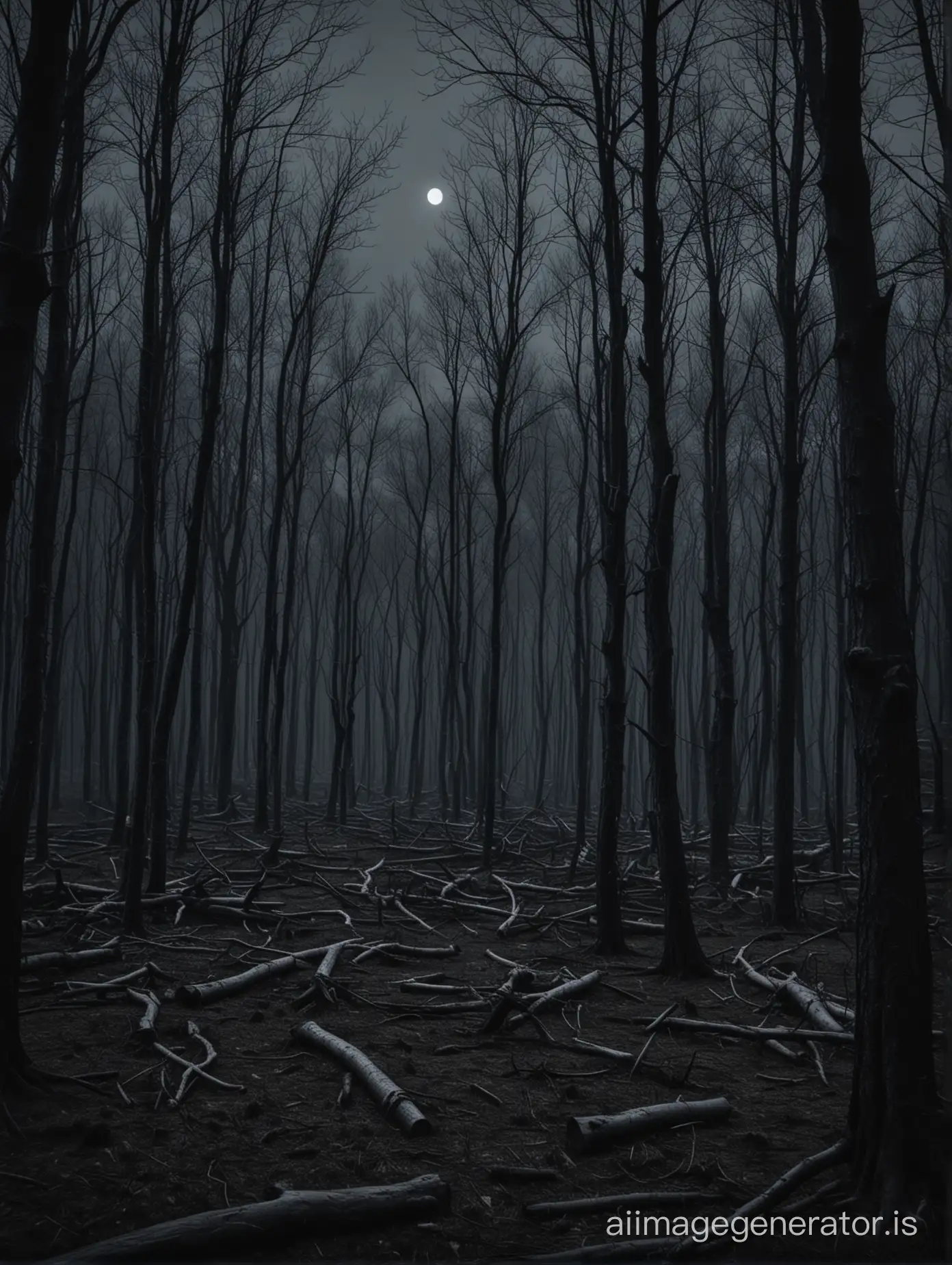 Ein dunkles Bild, mit einem dunklen Wald voll von abgestorbenen Bäumen. Es ist nacht und sehr dunkel. Es ist nur schwer etwas zu erkennen

