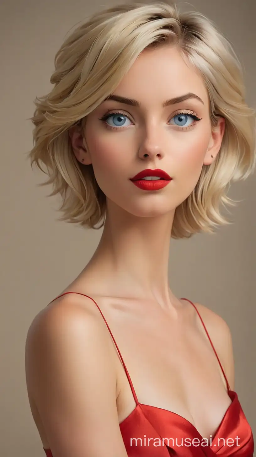 Blond hair woman, short length hair, topless, blue eyes, red lipstick,
tall, slim, skinny, long red satin skirt without any split opening