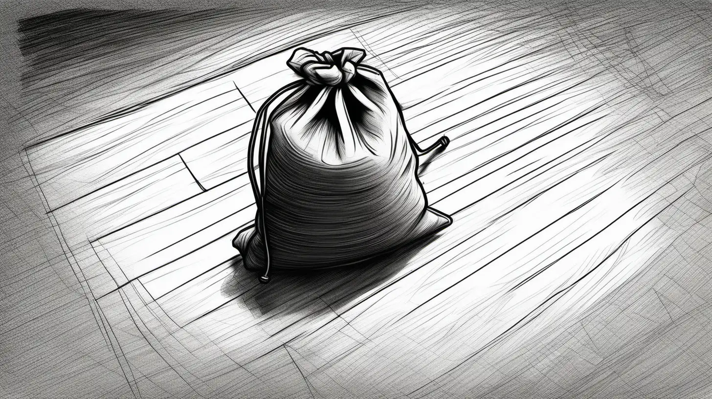Overhead View of Tiny Sack on Floor Detailed Sketch in Black and White
