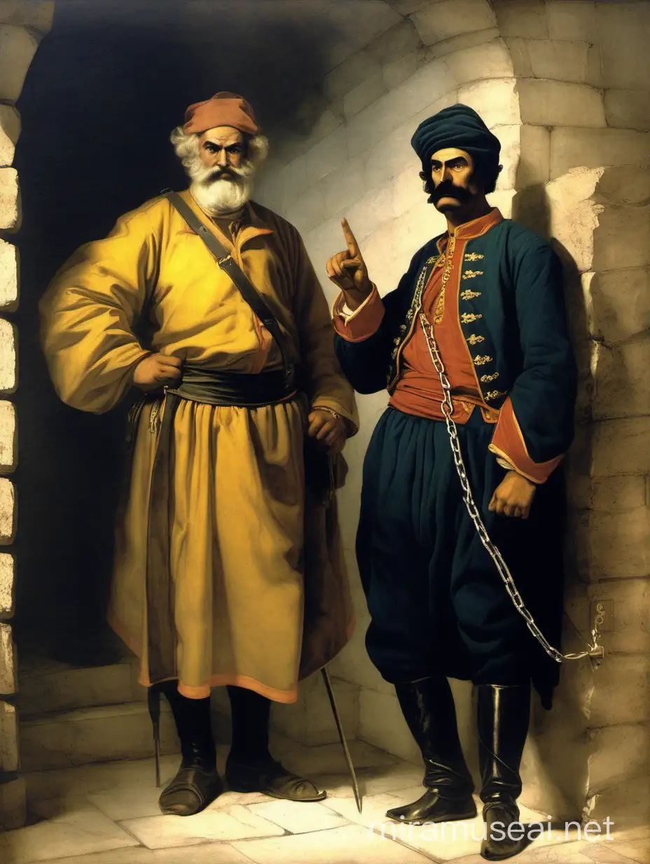 Design the Greek Illuminator Rigas Feraios during his captivity in a jail in Belgrade in 1798 (the painting is from 1871). His is tall and has a mustache. He is chained and he is pointing with his right finger towards the right. Next to him is standing an Ottoman soldier. Behind the Ottoman soldier another soldier is hiding in the dark. Behind Rigas Feraios there are two other figures in oriental dresses. The original designer is Charalampos Pachis. The used technique is oil on canvas.