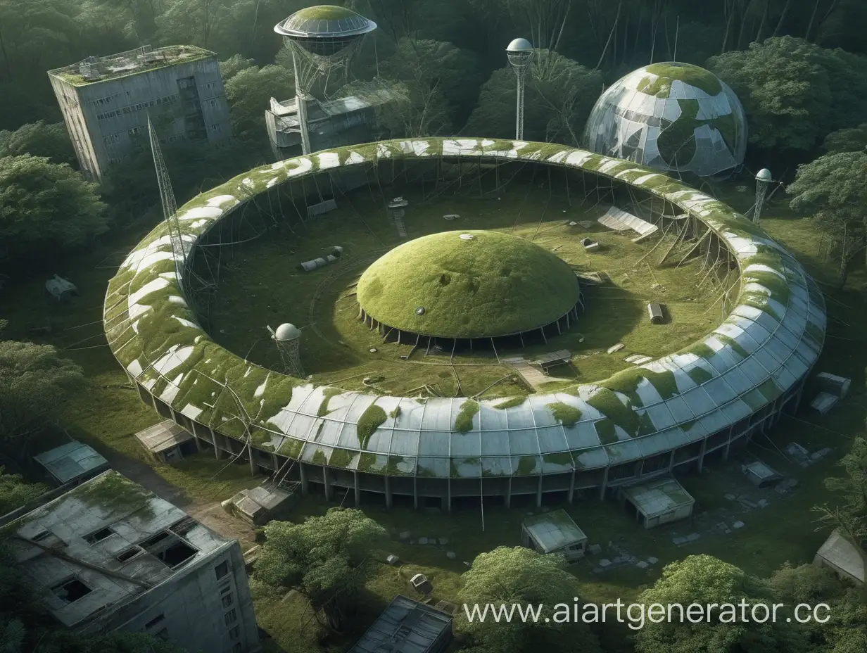 Sci-Fi camp, ruined, jungle, disk roof, moss, no people, many buildings, great parabolic antenna, many trees, many leafs, night, abandoned, dark, no lights, view from above, great building