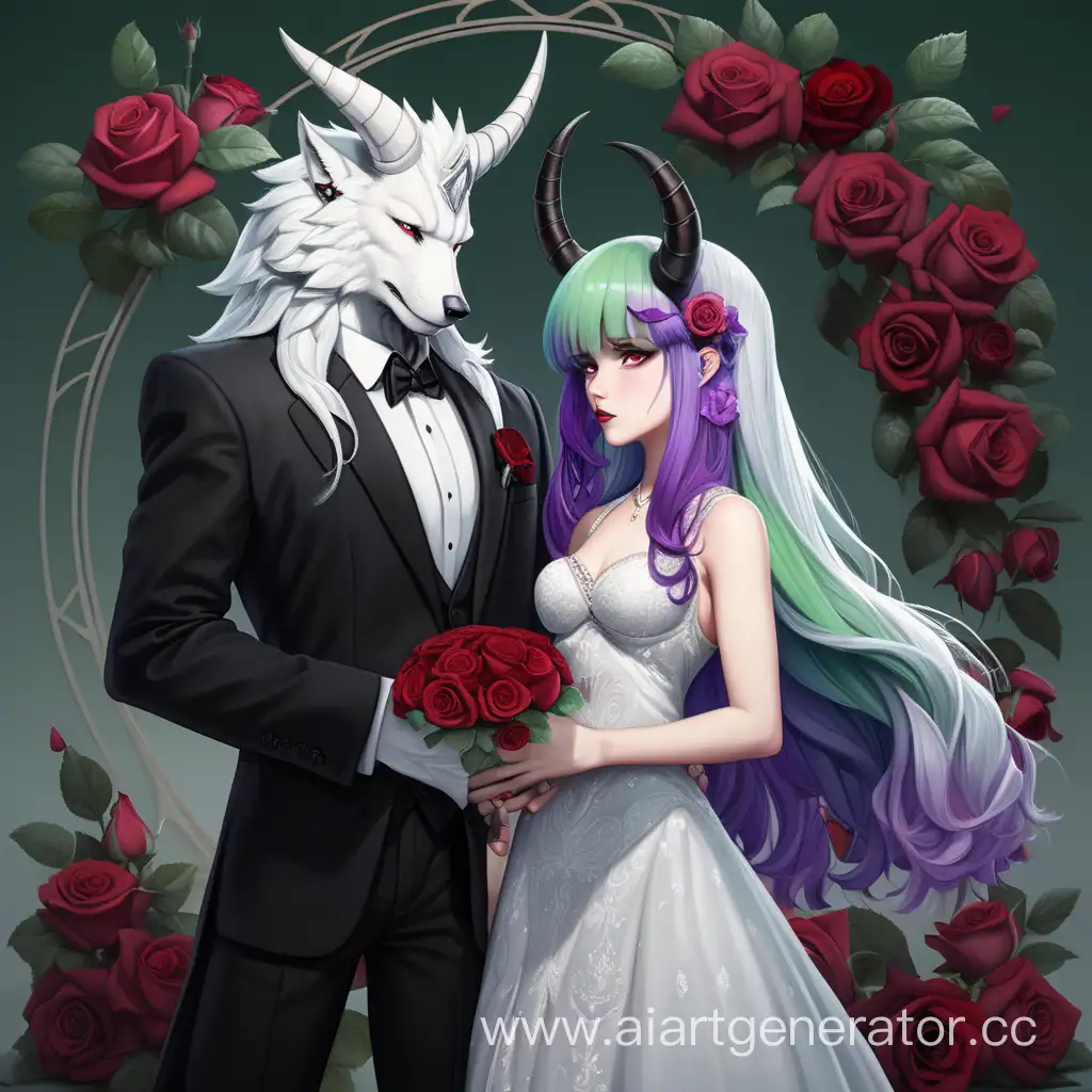 White Wolf - a man with red horns, in a black suit, and a girl with green-purple hair with black horns and a wedding dress stand together. In the background, there are rose flowers.