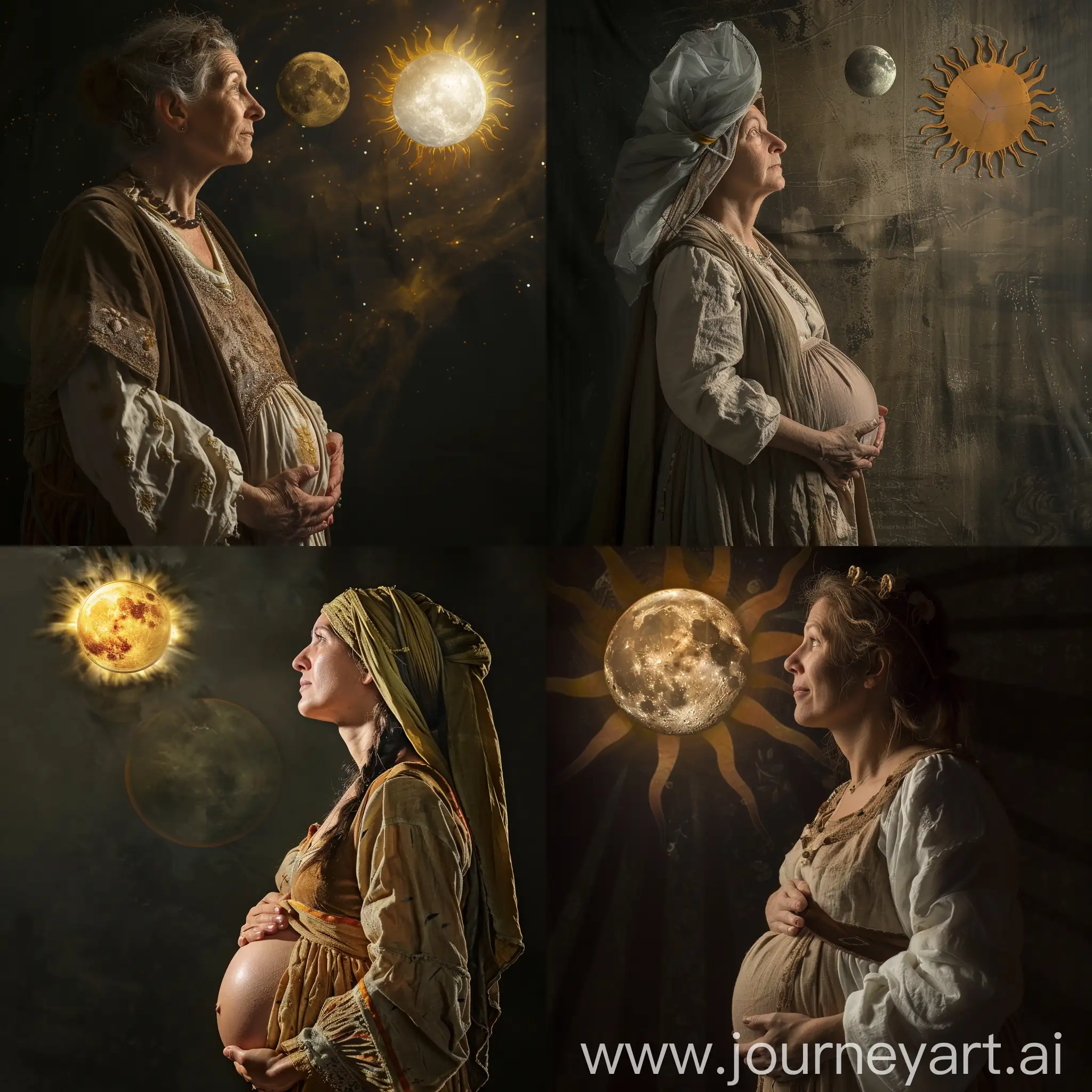 Faça uma mulher de meia idade com roupas da idade de Cristo, grávida, olhando para o sol e para a Lua