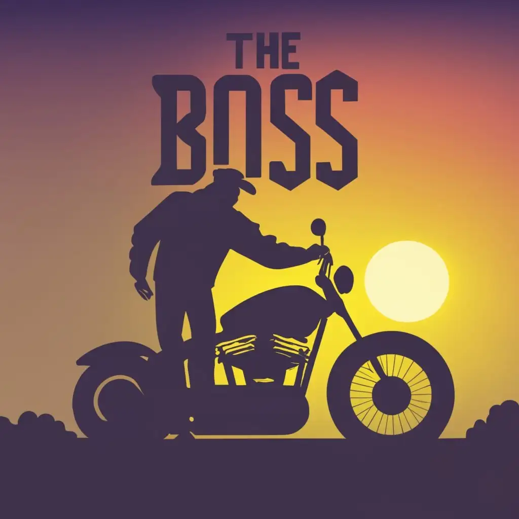 logo, Abstract cartoon style biker on a Harley black silhouette against the background of the sun, with the text "The big boss", typography, be used in Entertainment industry