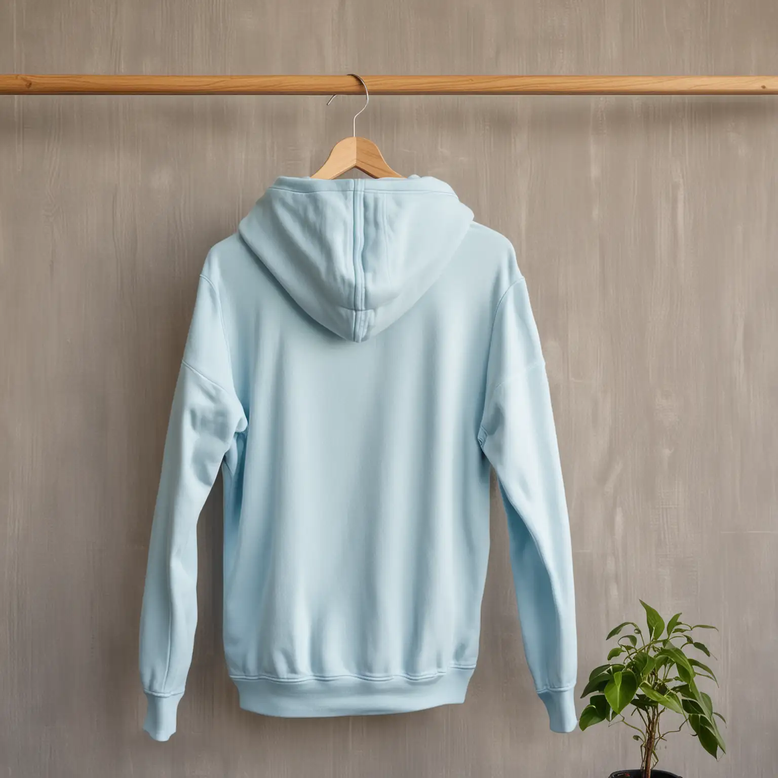 blank back of light blue hoodie on hanger, the hanger is hanging on a wooden pole with small plant in background
