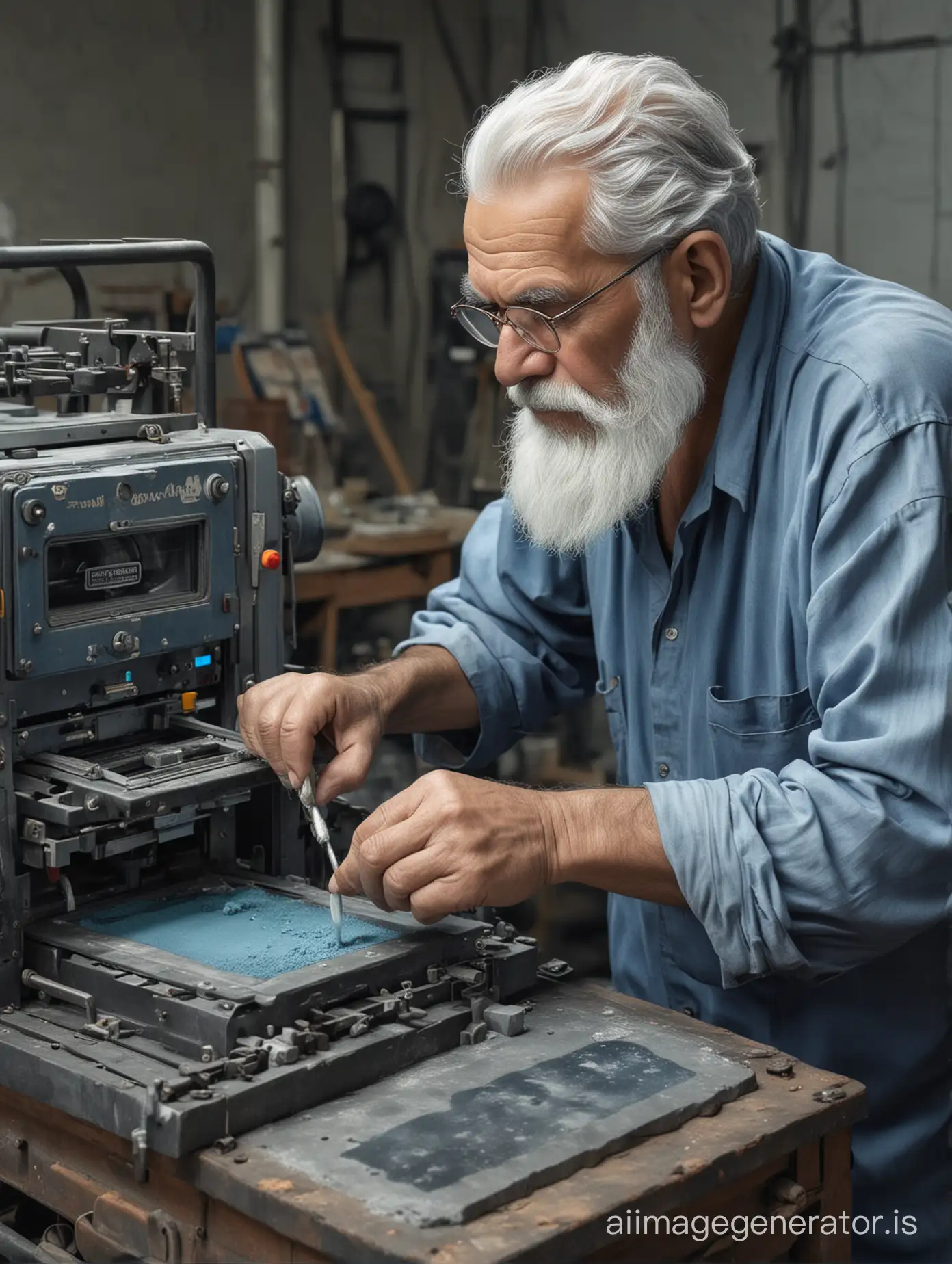 Elderly blue grey Persian old man with white beard  working with industrial pigment digital printing machine in hyper realistic mode in manufacture.
