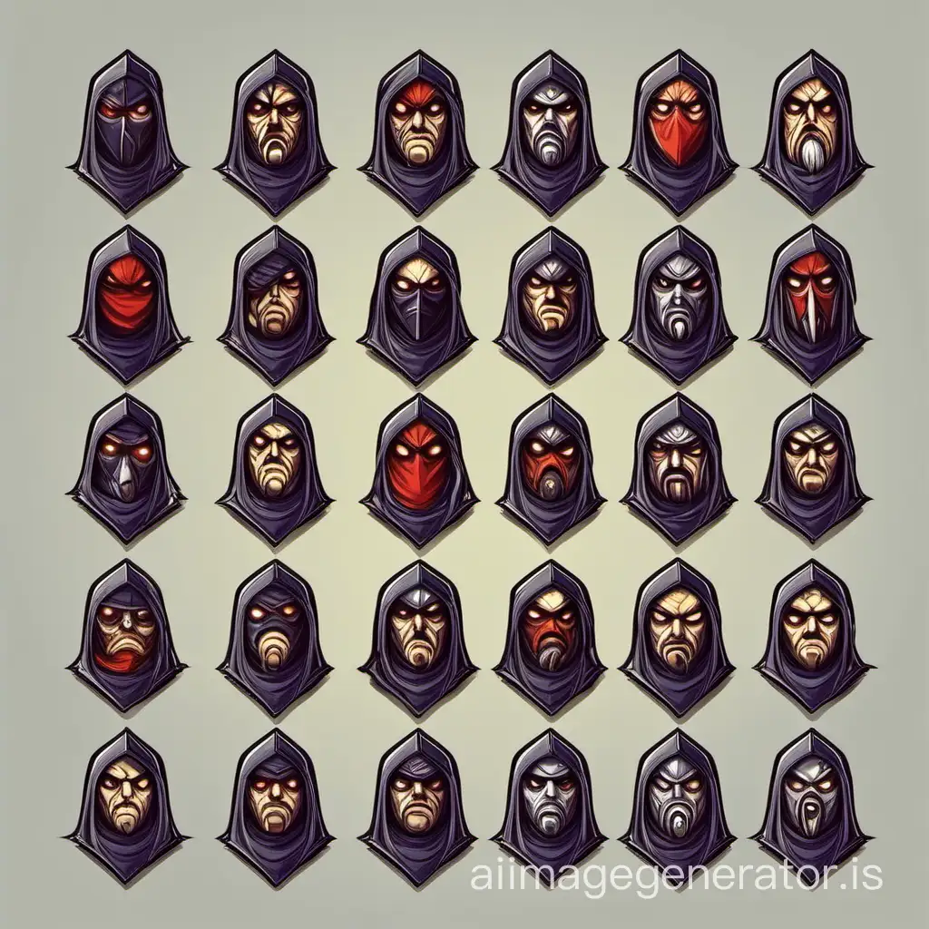 Draw a pack of icons for enemies evil (Bandit) only the head. Fantasy 2D vector graphics style (separately for each in a new line)