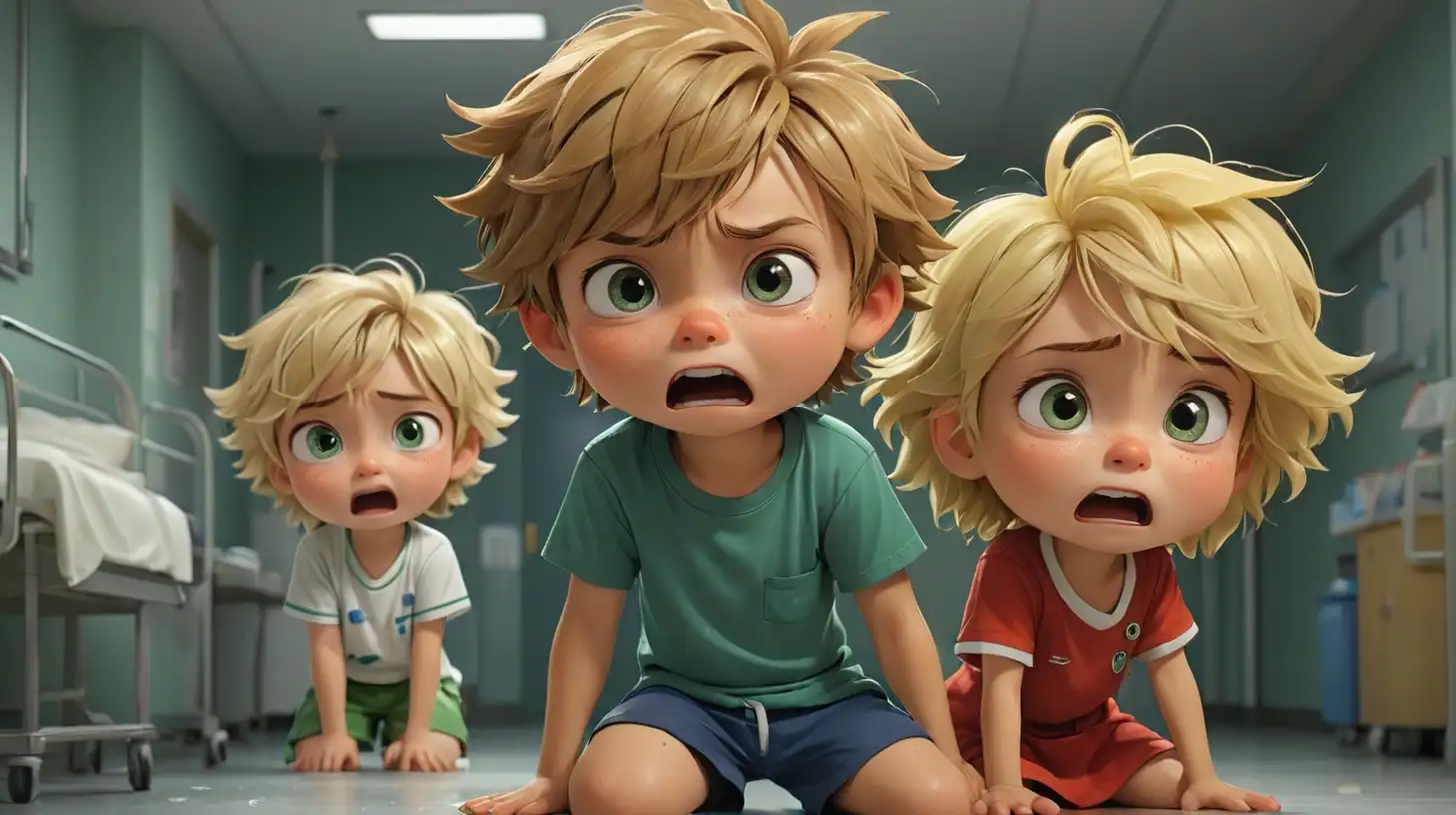 little cute boy character and little cute girl character and other cute little  boy character cryin in a  hospital , dark backgroun , 5 year old boy, blue- green shorts, green rubbers with white laces, blond-brown messy hair, cute 3 year old boy, yellow t-shirt  cute little girl in red dress ,flat color, in the style of chibi, detailed - iar 16:9