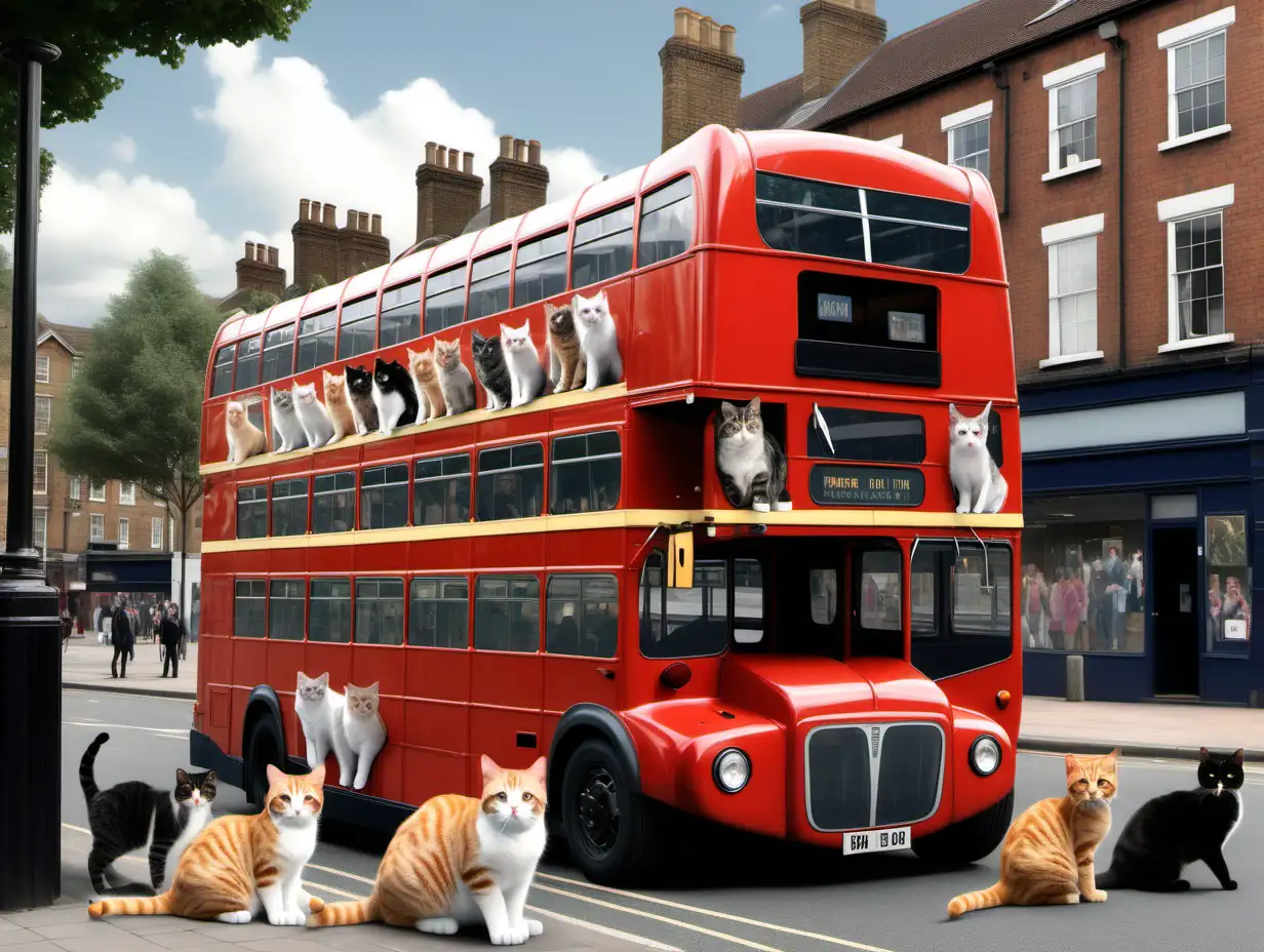 Fotorealistica, realistica, alta definizione, hd, 8k, un autobus inglese di quelli a due piani e scoperto con i gatti al posto delle persone, i gatti sono tanti e occupano tutti i posti