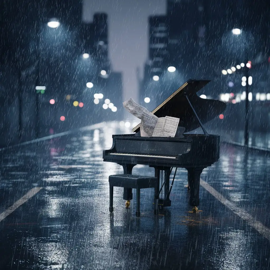 Piano in the middle of the city, night, heavy rain, melancholic