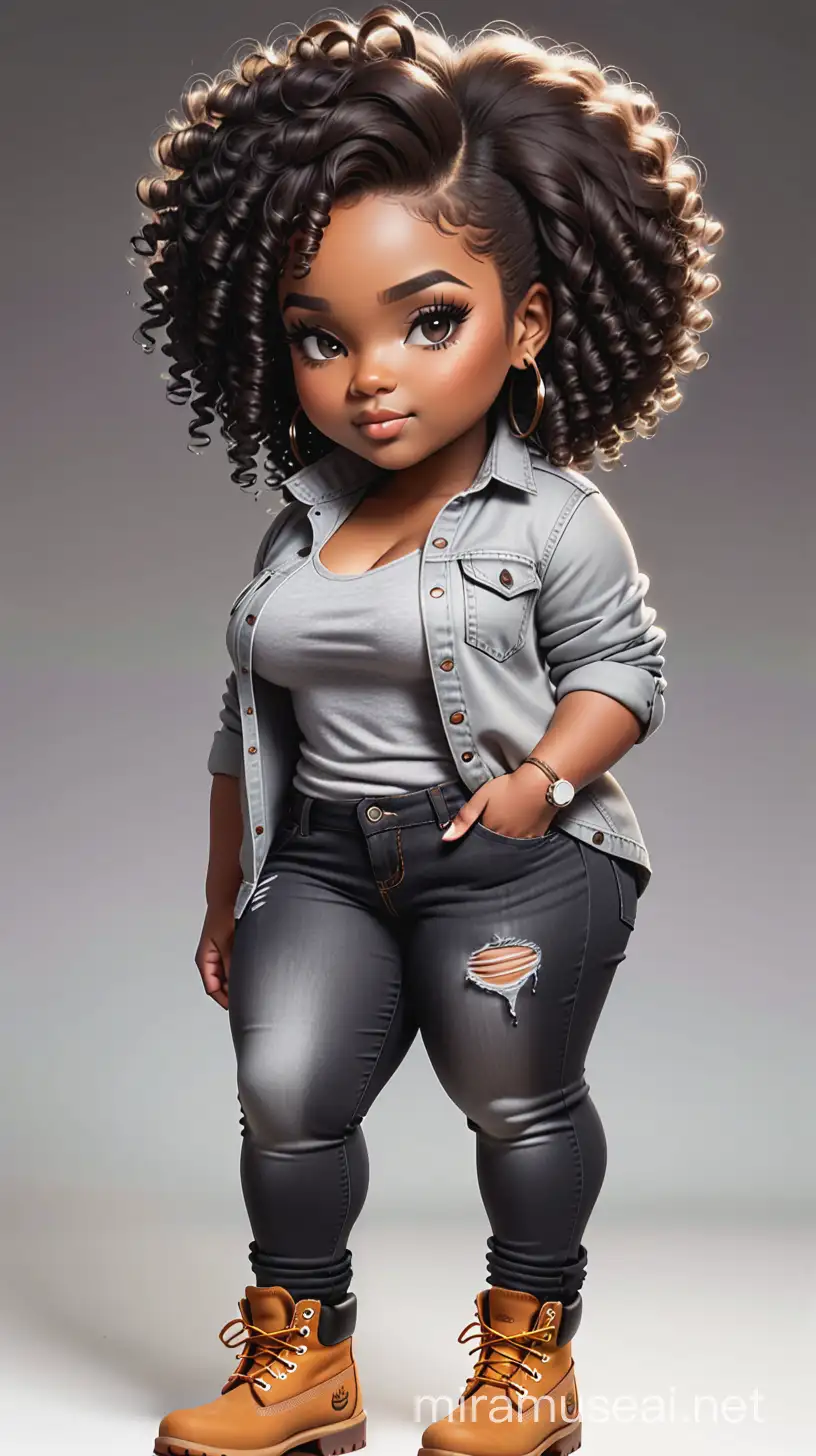 create a magna airbrush image of a plus size chibi dark skinned Black female wearing a grey jean outfit with timberland boots. Prominent make up with brown eyes. Highly detailed tight curly ombre afro