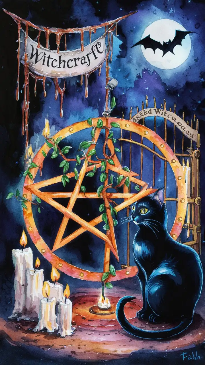 a watercolour painting of a pentagram in a circle with a vine entwined within it., candles are  alight around the circle, thee is a beautiful shiny black cat  sitting beside the circle, a banner with the letters- Witchcraft  dripping with incense . a black bat is flying in the sky on a full moon, a gate has 'Folk Willow .com .au