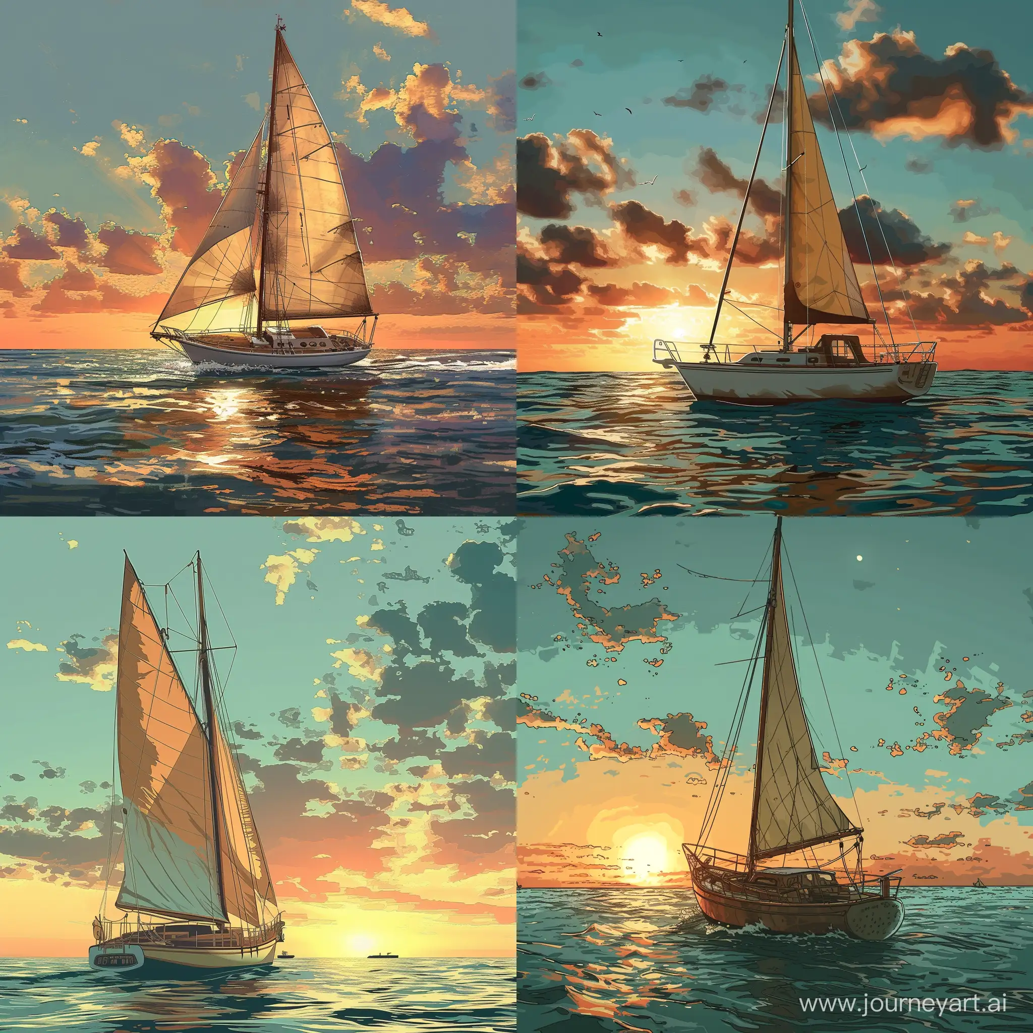 a sailboat in the ocean at sunset, in the style of detailed character illustrations, light cyan and brown, romantic illustrations, vibrant murals, sketchfab, hyper-detailed illustrations