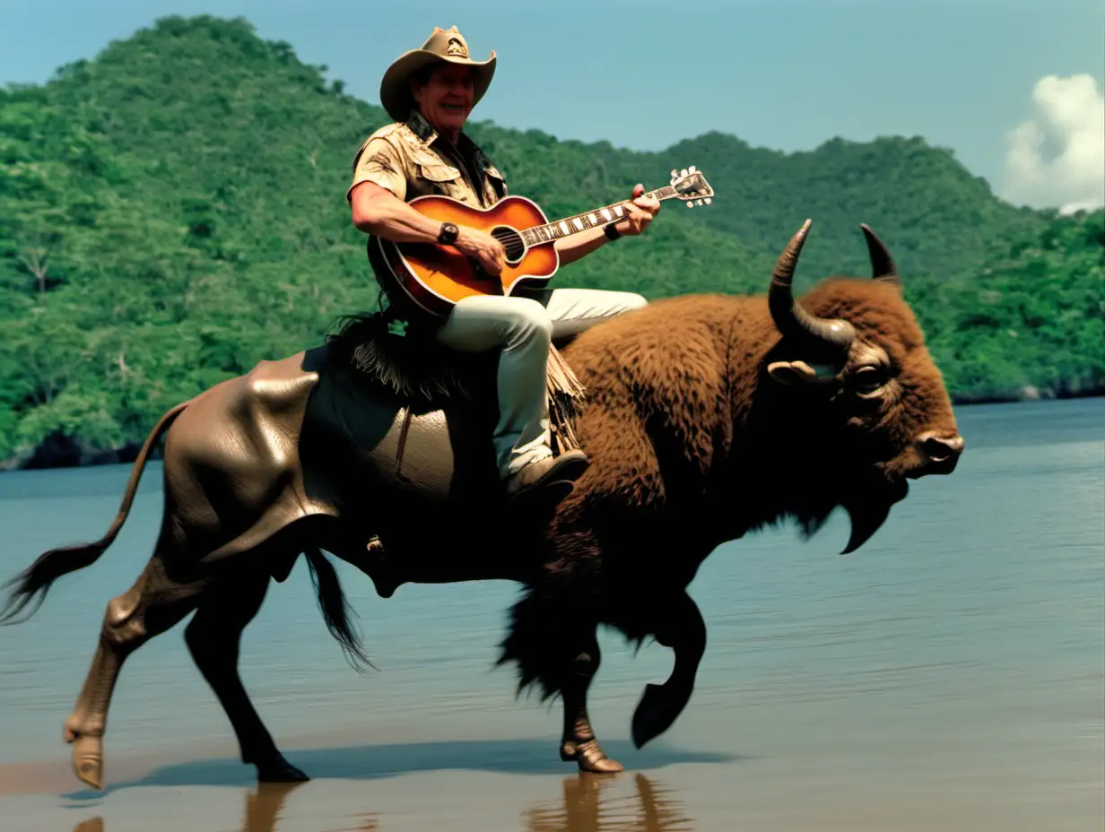 Ted Nugent riding a buffalo on Skull Island