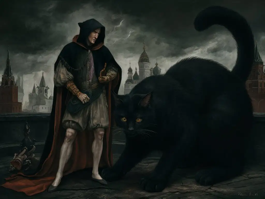 
Depict Behemoth - a massive black cat, and Woland, a gloomy and mysterious character, based on their portrayal in Bulgakov's "Master and Margarita". The composition should be done in the Renaissance style with the characteristics of this period - the proportionality of figures, perspective, and attention to detail.
Create a gloomy and dark atmosphere that embodies the complexity and mystery of the story. Use dark shades and create gloomy images to convey the necessary atmosphere and tone. Pay particular attention to the details in the characters' clothing and the surrounding environment - all of this should reflect the stylistics of the story.
The place of action, though not indicated, is most likely associated with Moscow. Include in your image historical landmarks of Moscow, depicted in the Renaissance style, to create a unique ambiance.
In conclusion, craft depth and complexity in the interaction between Woland and Behemoth, reflecting their complex personalities and relationships. Reflect in the image how Woland dominates over Behemoth, and Behemoth, though seeming obedient, always looks for ways to show his resourcefulness and wit.
