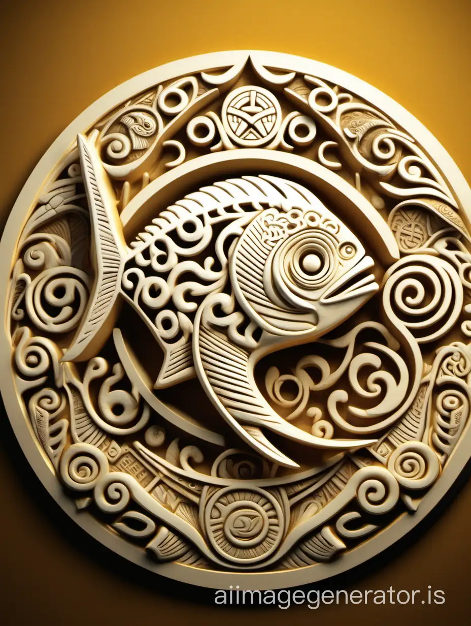 Cool 3d logo image of a white bone fishhookc behind is  circle with Samoan designs and Maori designs. Gold colored.