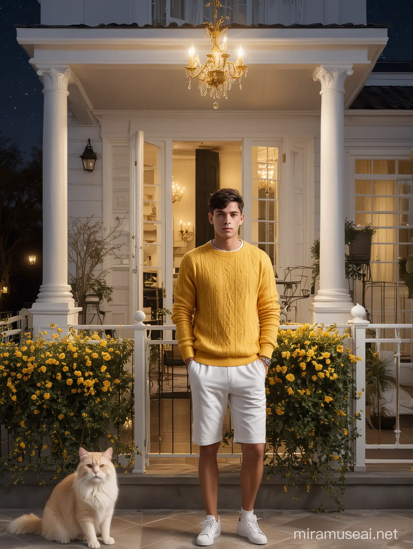 Luxurious White and Gold Terrace with Handsome Man and Yellow Cat at Night