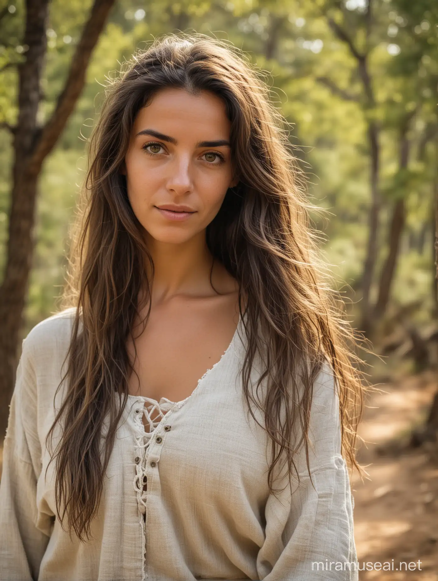 A Sardinian woman with long loose hair wearing roughly woven linen clothes, facial close up,  woodland background, looking into the camera. 