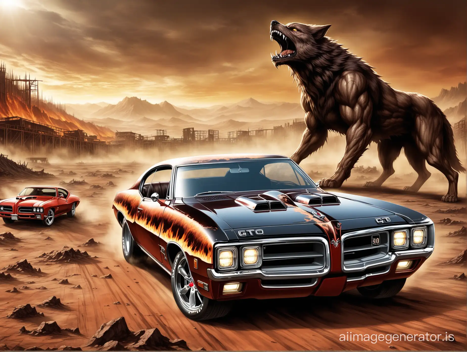 "Dante's Inferno",((style car ("Prior Design " - German tuning studio));(Pontiac GTO);Werewolf airbrushing;background "Fallout"|"Wasteland"