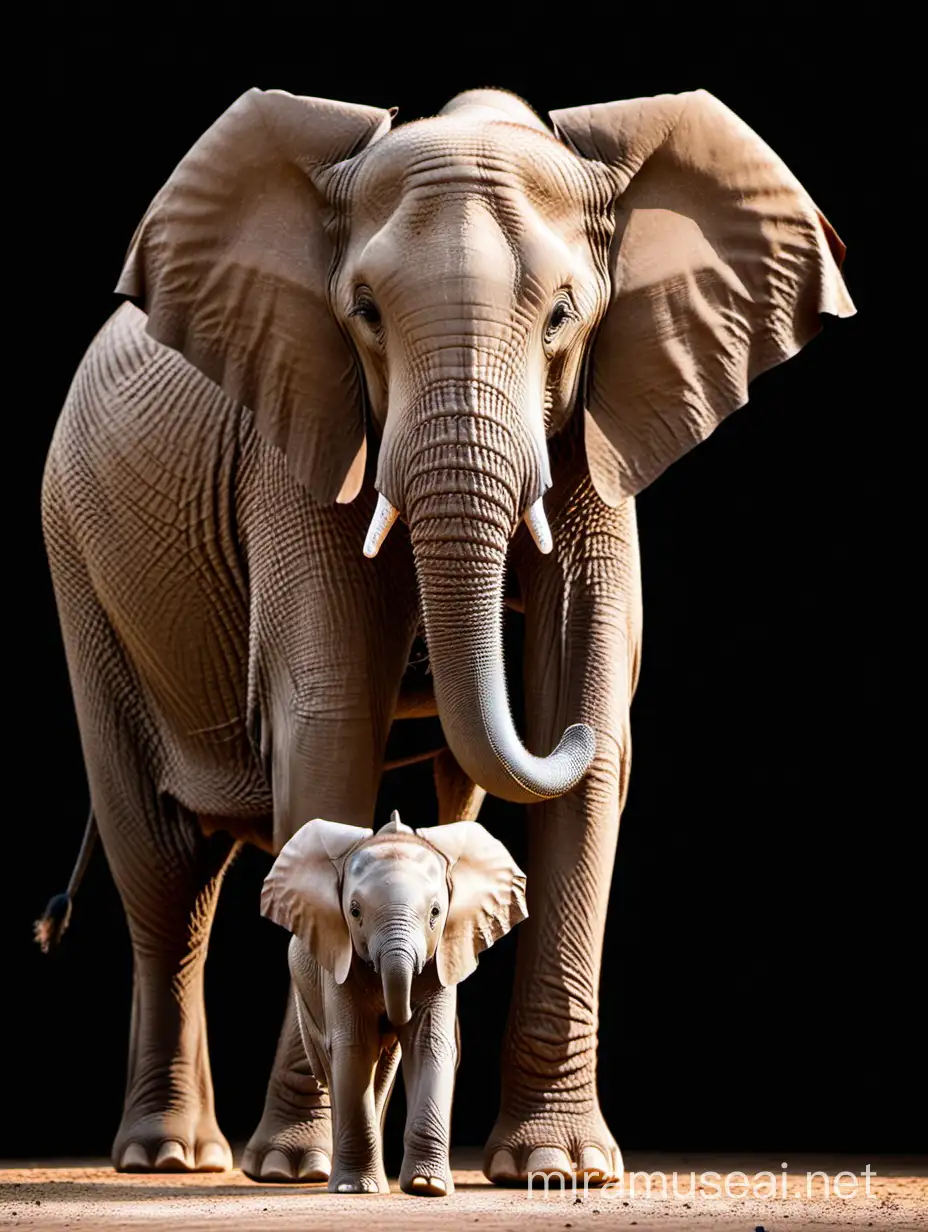 Adorable Mother and Baby Elephants on Black Background