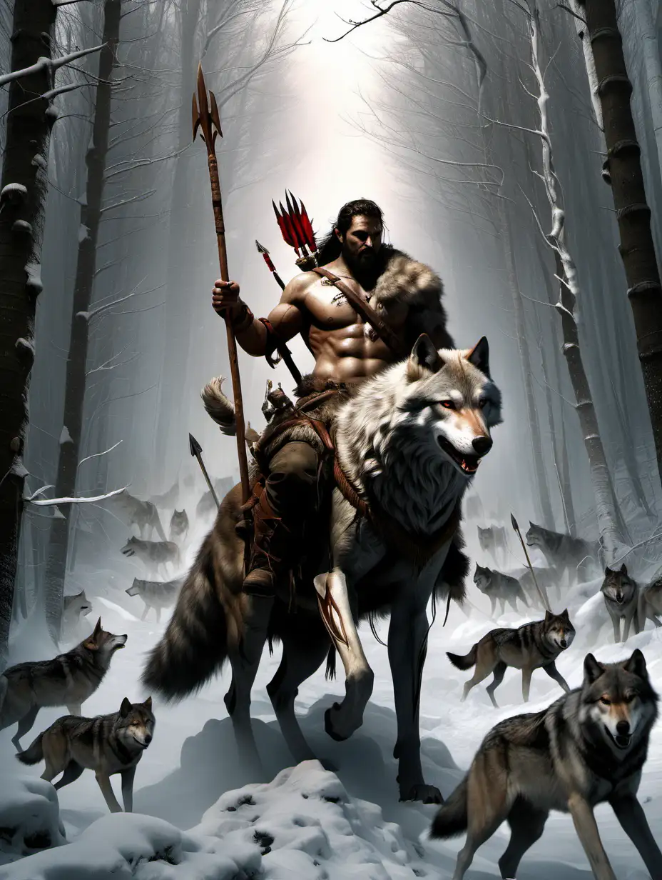 god of nature, hunt, wild, forest, survival, horseback, strong, wolves, spear, fur