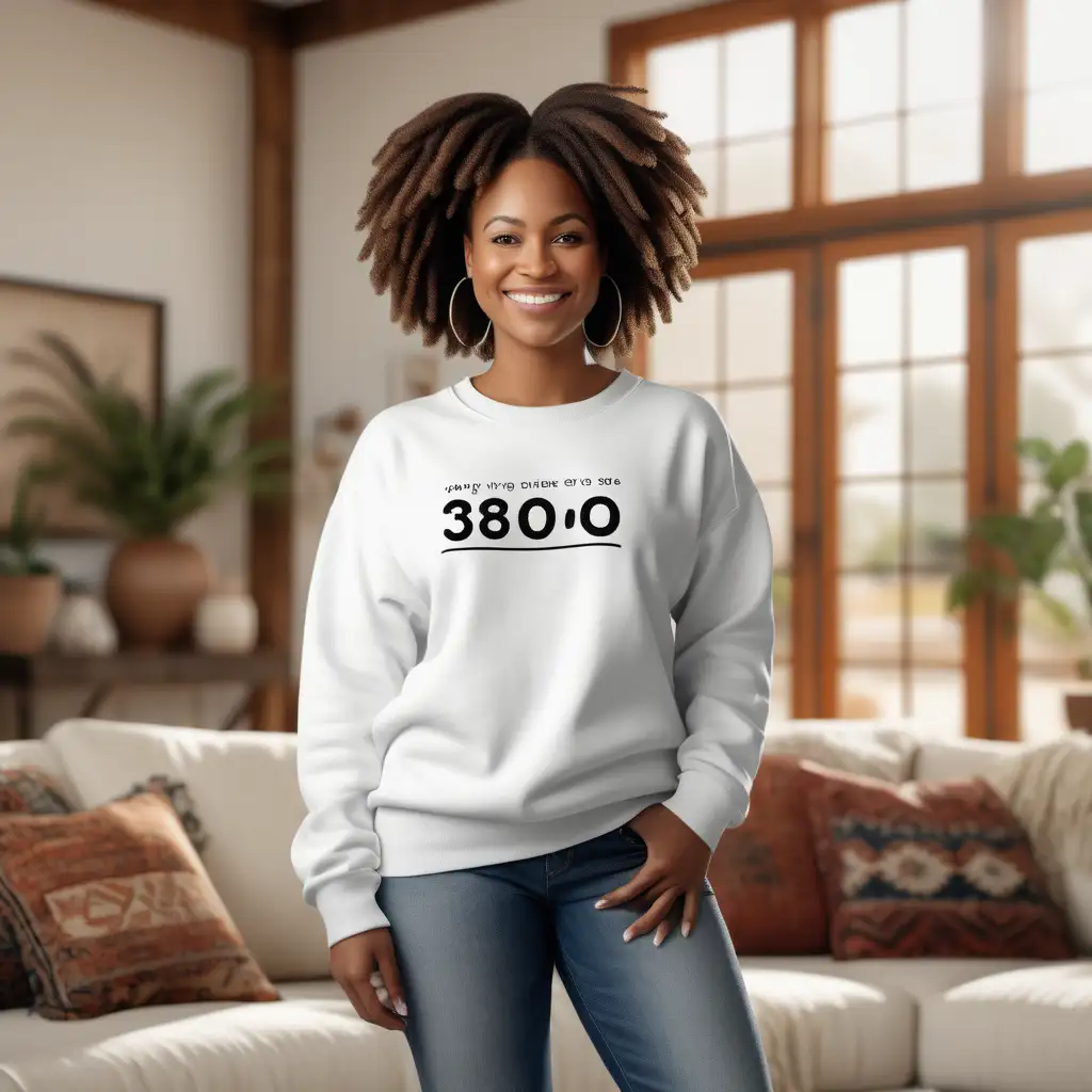 a photorealistic photo mockup of a gently smiling 30 year old black woman wearing a blank white,
over-sized Gildan 18000 sweatshirt , and jeans in front of an indoor  themed
boho style home living Room scene. professional photography composition, f9.0. --ar 5:4 -
-s 750 --style raw -
