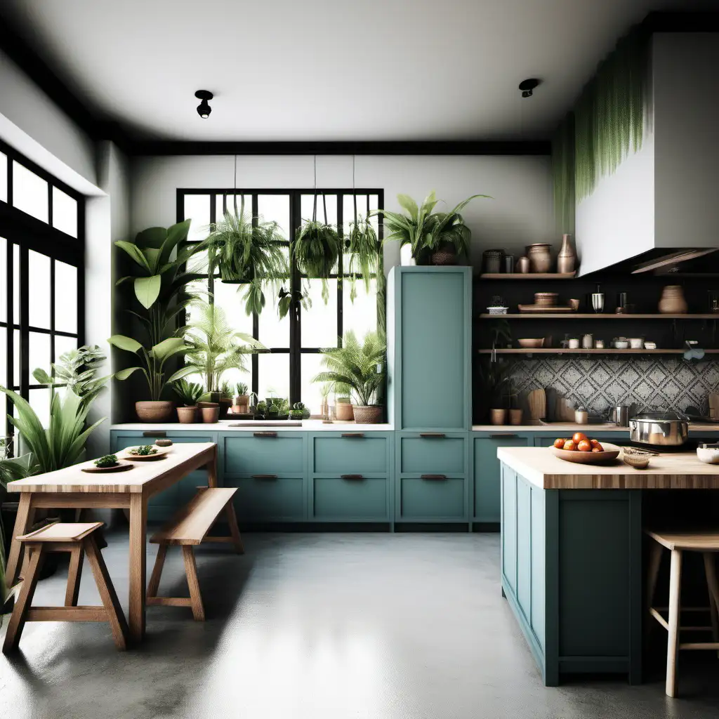 Kan du designa ett stort kök med thailändsk design och skandinavisk stil. Mycket färger, förvaring växter och arbetsyta.