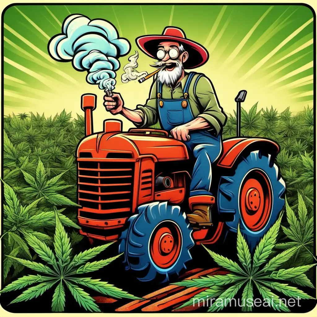cartoon style crazy farmer on a tractor smoking a joint with cannabis plants