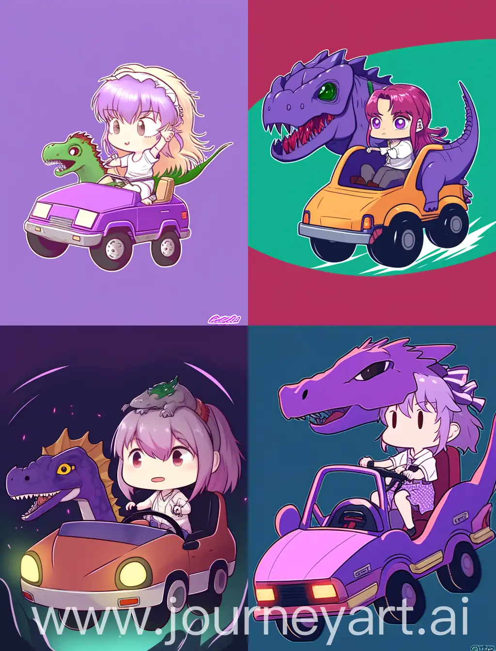 chibi girl driving a car with a dinosaur, purple solid background