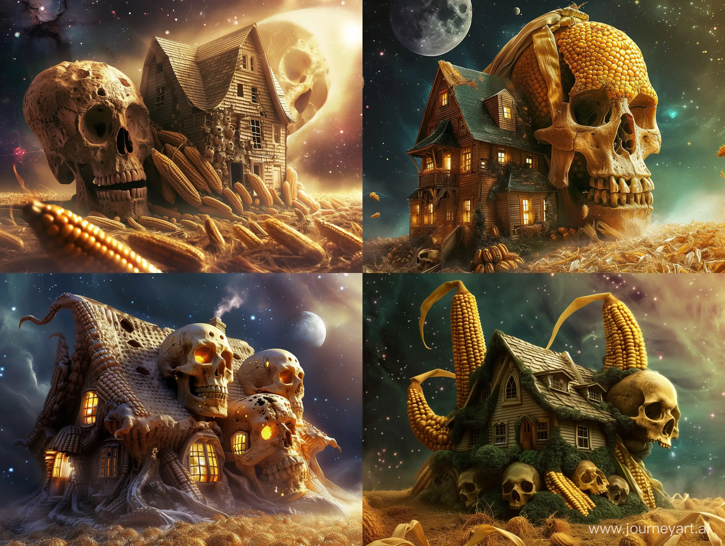 big house in the shape of corn and skull, in the galaxy, fantasy style, realistic