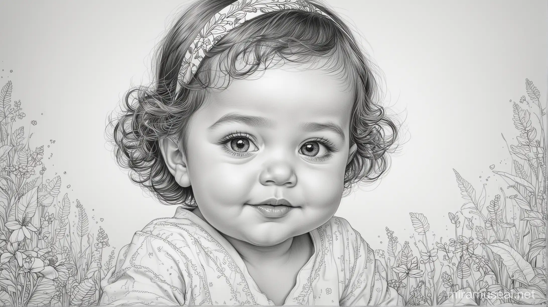 colouring page with a baby girl called Miriam, in black and white, cute and sweet