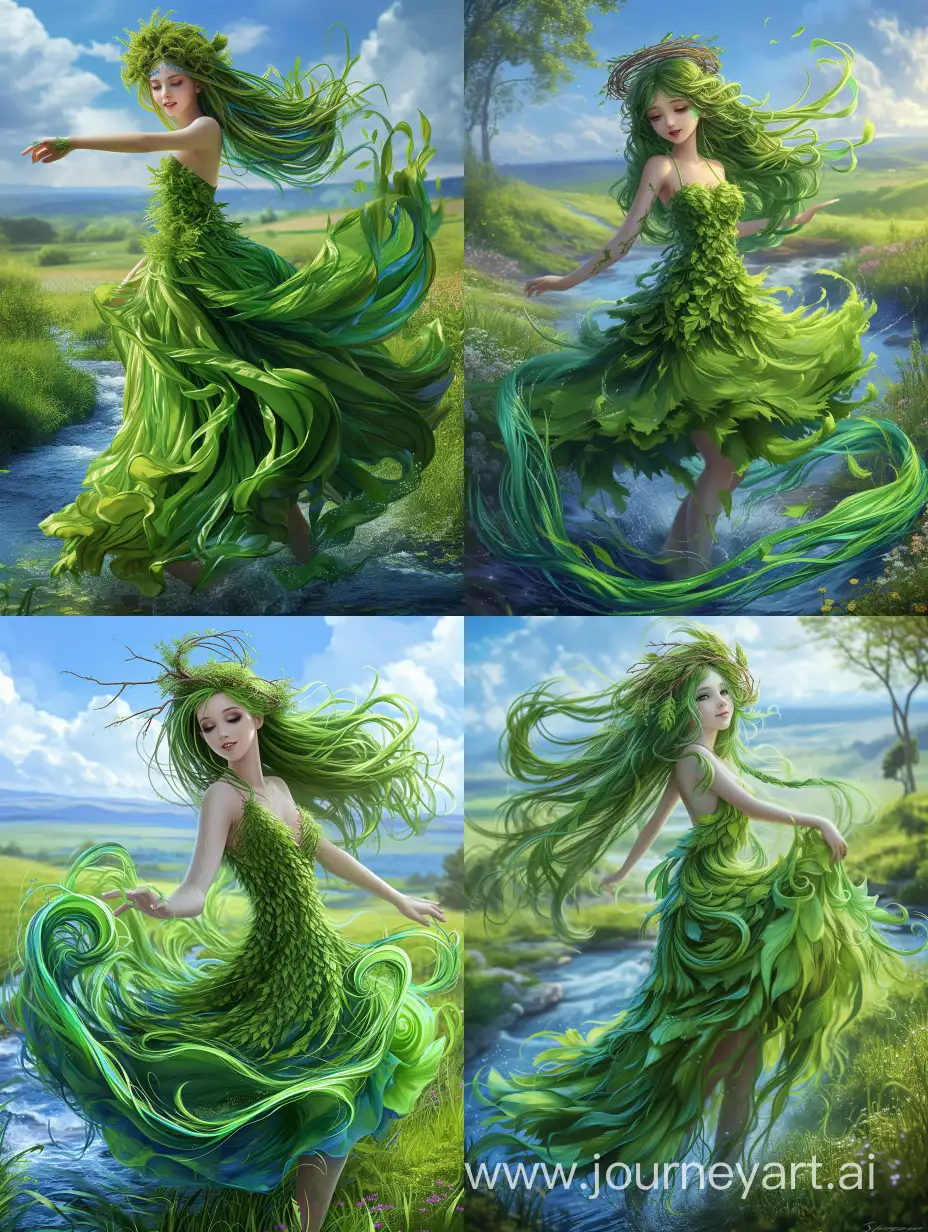 Enchanting-Spring-Queen-Dancing-in-Lush-Garden-with-Neon-Iridescent-Dress