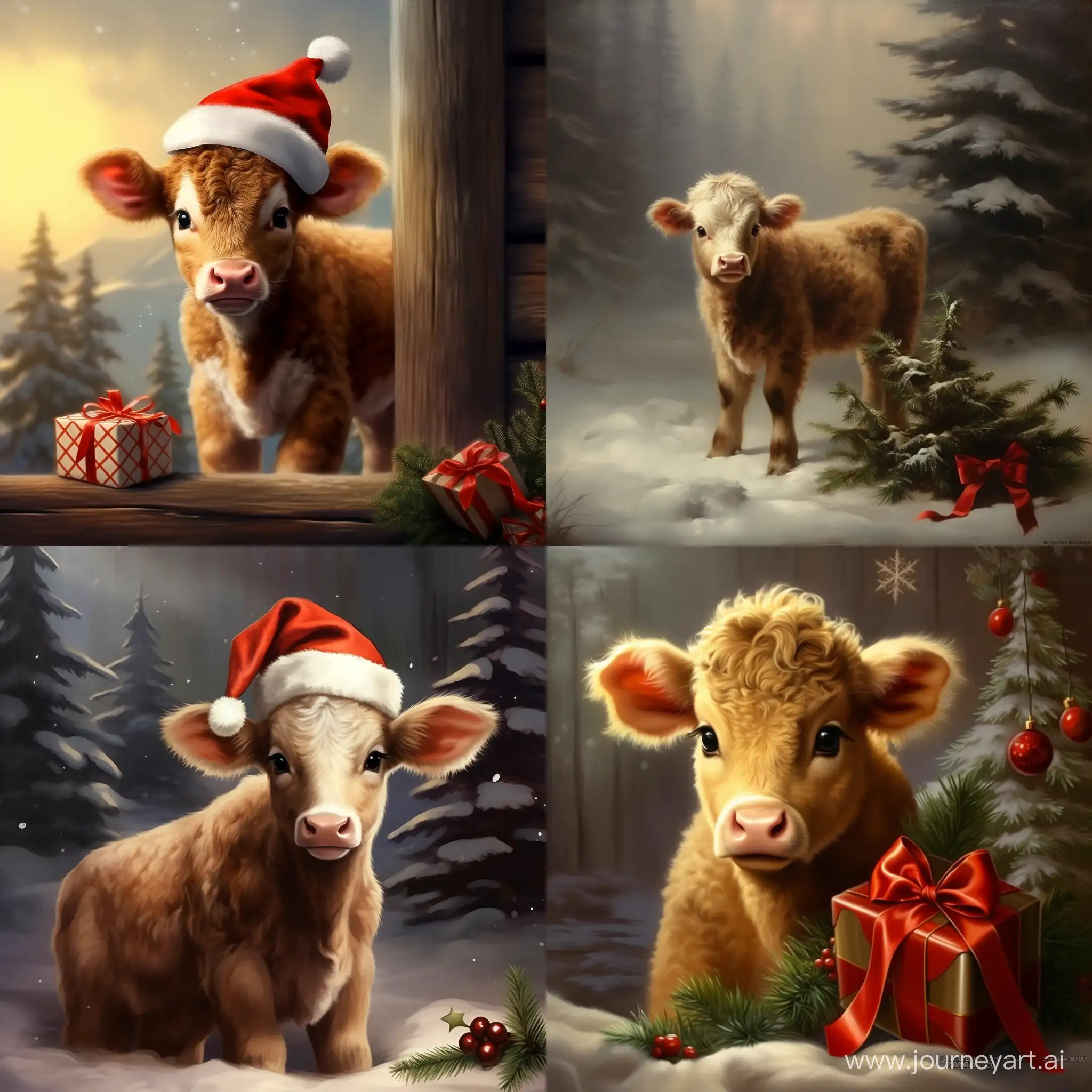 Adorable-Alpine-Calf-Celebrating-New-Year-with-Festive-Hat-Gifts-and-Fir-Tree