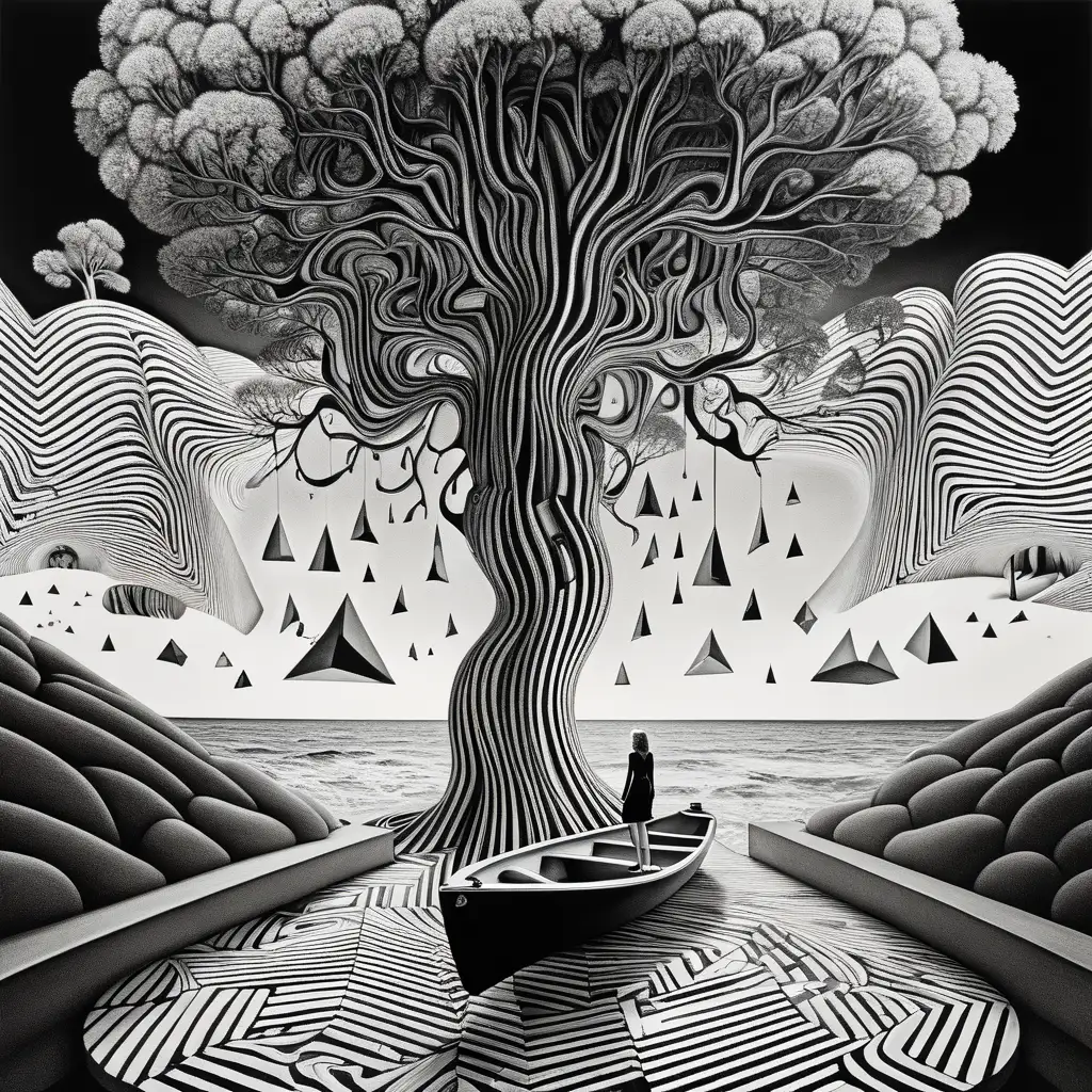 high-class drawing, a tree with an entrance into the interior from coogi pattern mount, 5d contour, wavy frame for mounting dream dimension, fluorescent chevron, dripping geometric clouds, dense jungle melting on the floor Mauritz Cornelis Escher, full of numbers, mathematical symbols, well-groomed, dark, masterpiece close-up portrait in various black and white and primary colors, 3D surreal landscape, realistic female portrait, art Deco diving beach landscape, inverted universe, inside and out, a couple with a bright white face, looking at you in a boat in a minimalistic and elegant conceptual environment, surrealism, beautifully colored, crazy details, intricate details, beautifully colored, cinematic, Color correction, Editorial