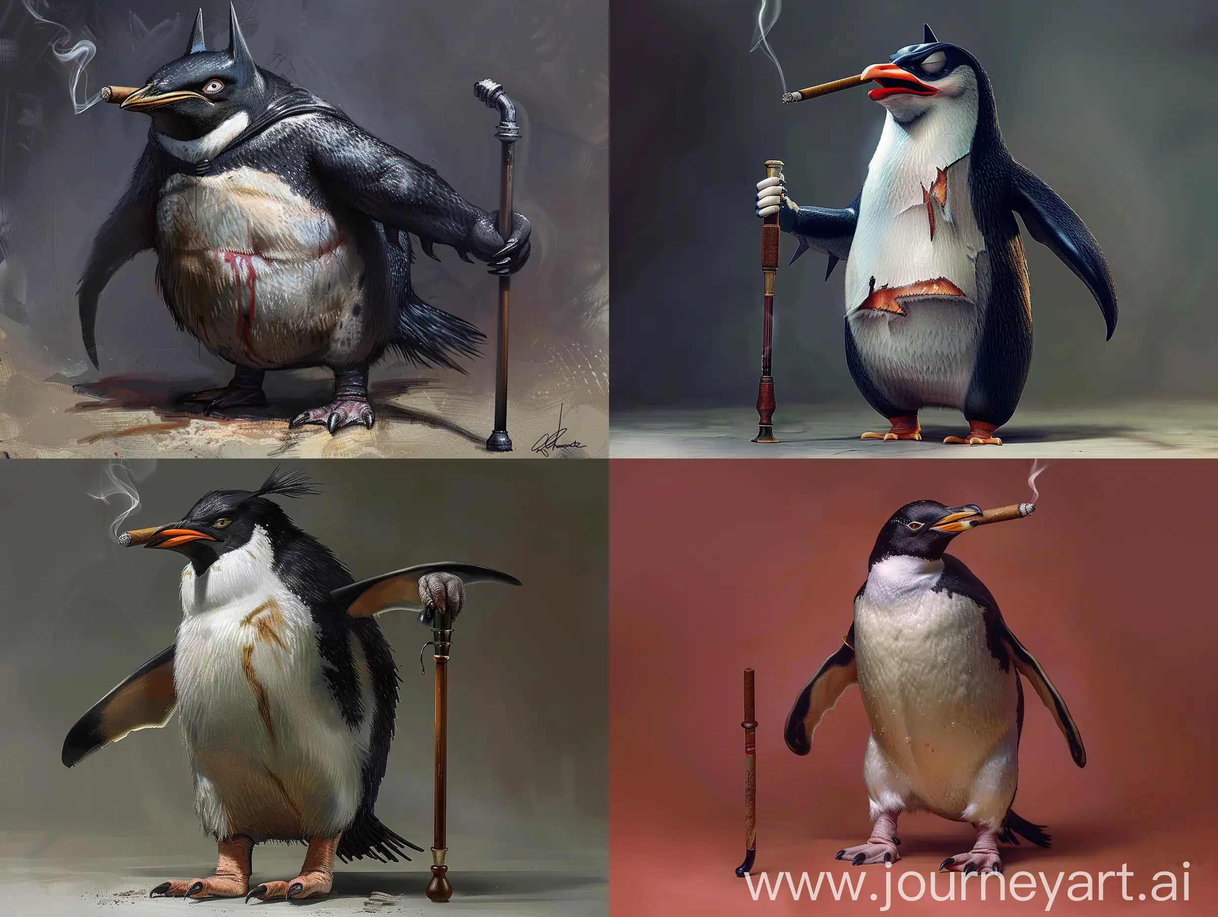 Oswald Kobolpot, nicknamed "Penguin" from the Batman movie, in full growth with a cigar in his mouth and a cane 