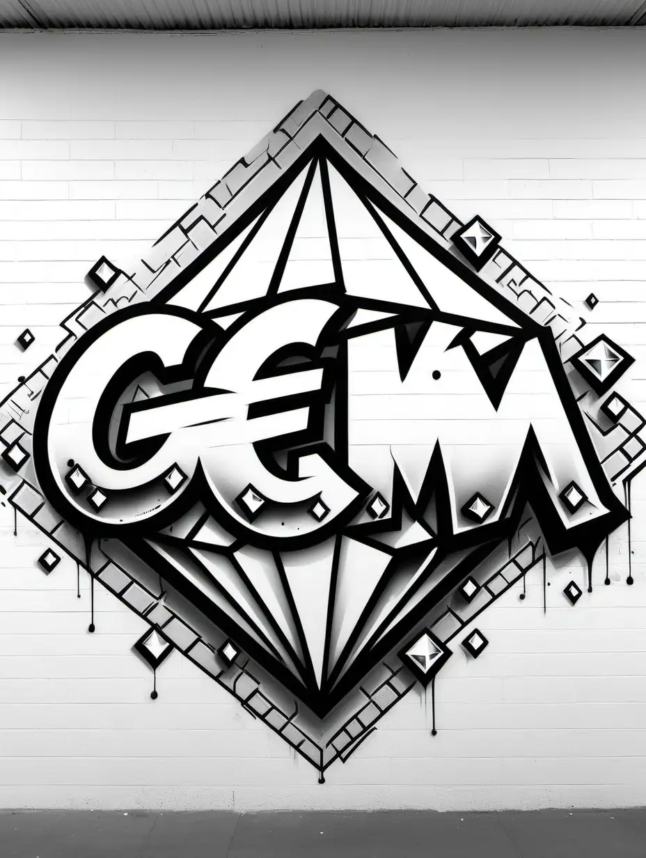 Create a graffiti colouring page, all white , black outline, no colour, graffiti art, with the word G E M, with a diamond behind G E M, on white wall, no shading, low detail, white background , colouring page, graffiti art style, cartoon style art 