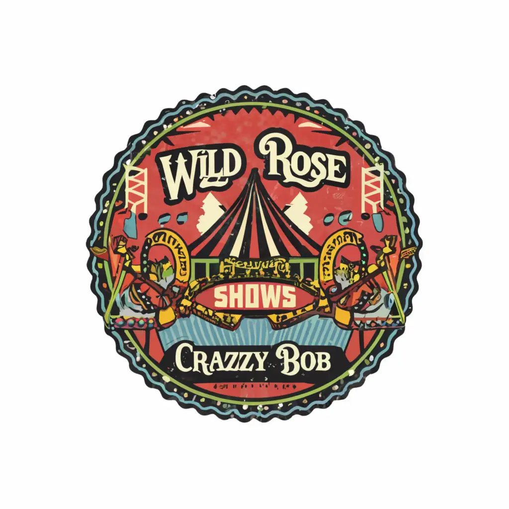 a logo design,with the text "carnival-themed sticker for "Wild Rose Shows" and "CRAZY BOB"", main symbol:AMUSEMENT RIDES AND MUSIC,Moderate,be used in Entertainment industry,clear background