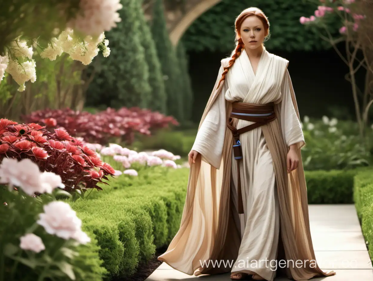 Fem Obi-Wan Kenobi in a beautiful dress, she walks through the garden with flowers