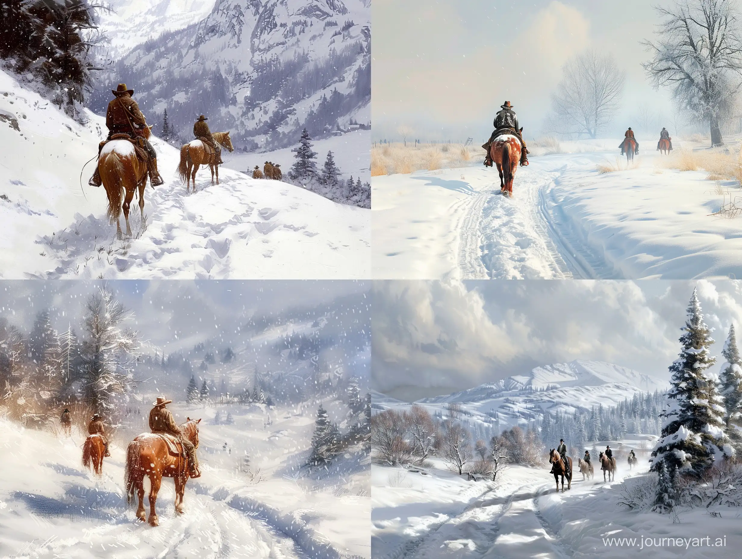 realistic portrait landscape snow in western countries people horse  focus  --style raw  --v 6  