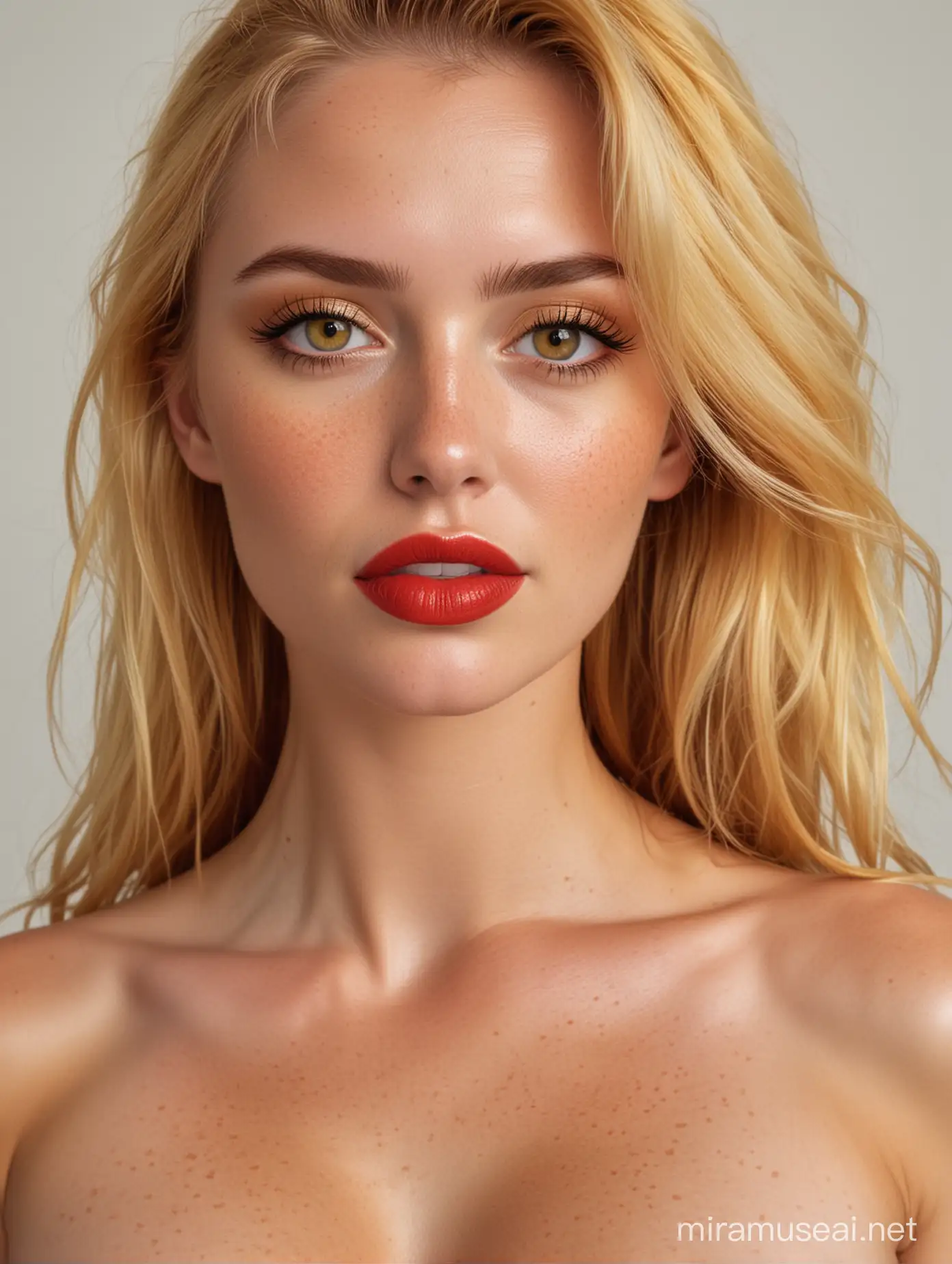 Sensual Portrait of a YellowHaired Woman with Freckles and Red Lips