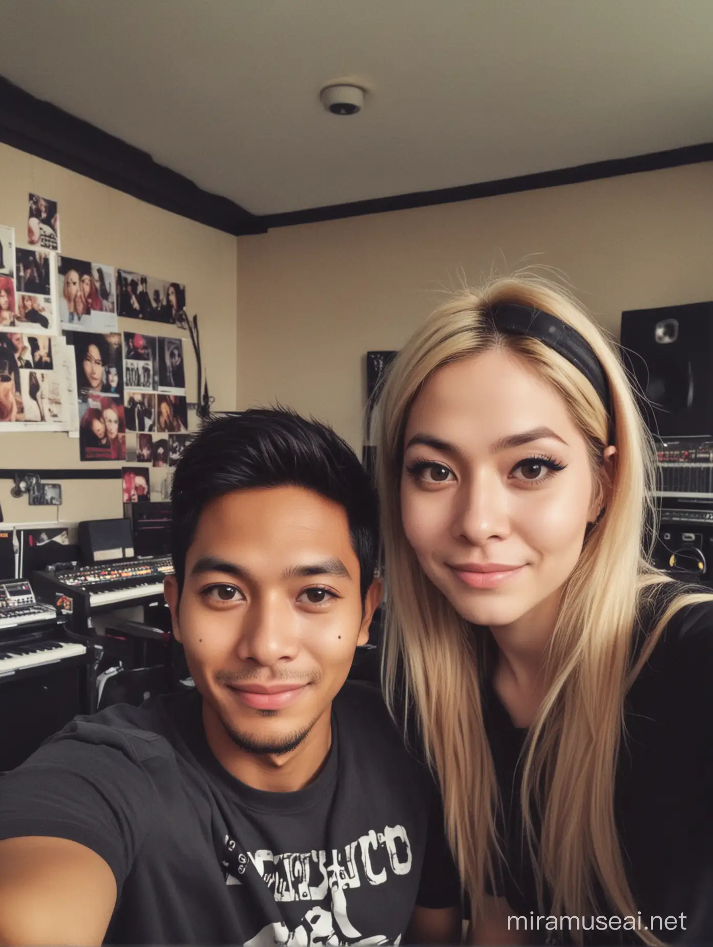 25 year old Indonesian man taking a selfie with avril lavigne, music studio background.