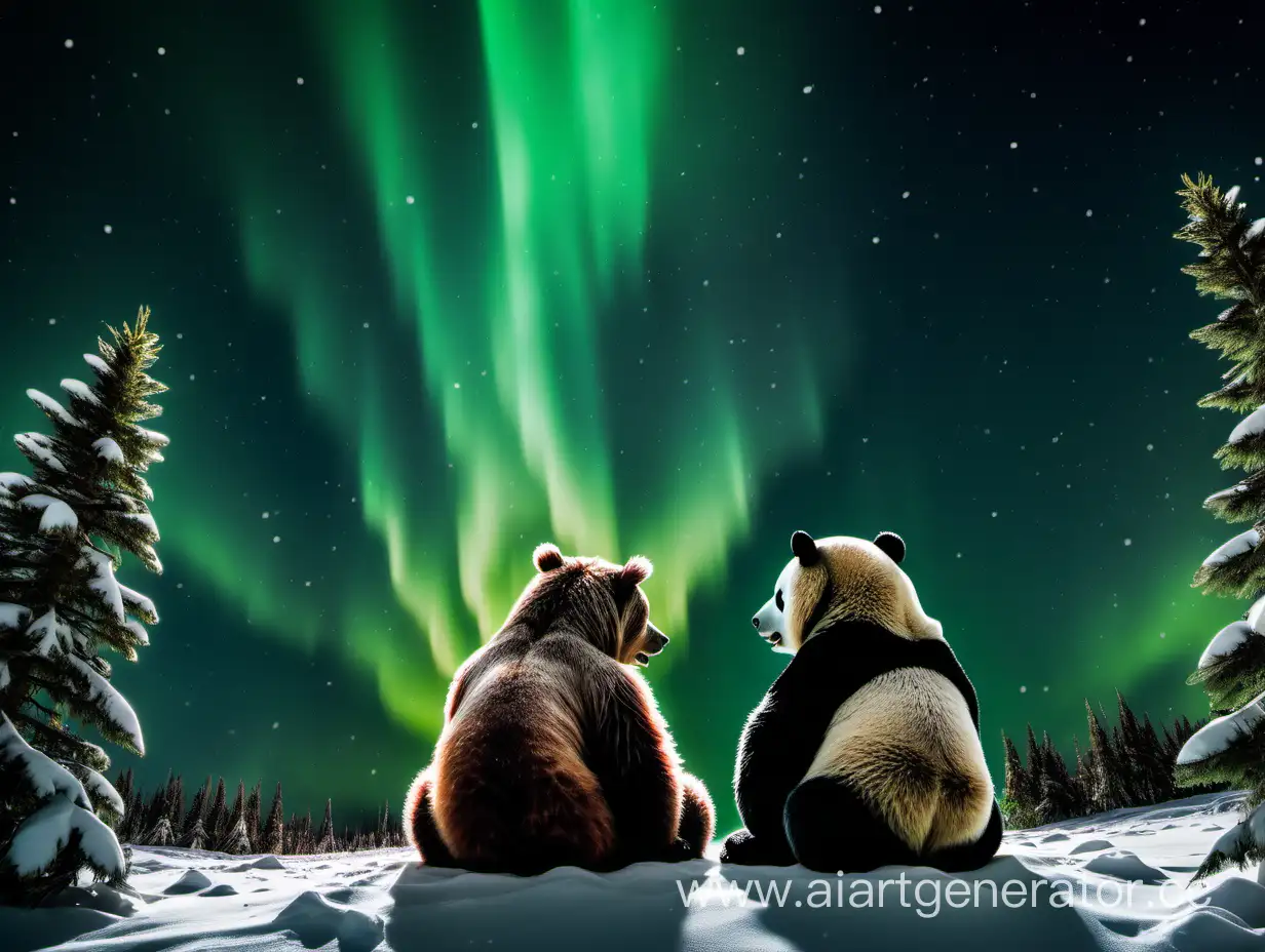 A grizzly and a panda sat together in the snow at night, looking at a bright green aurora in the night sky.